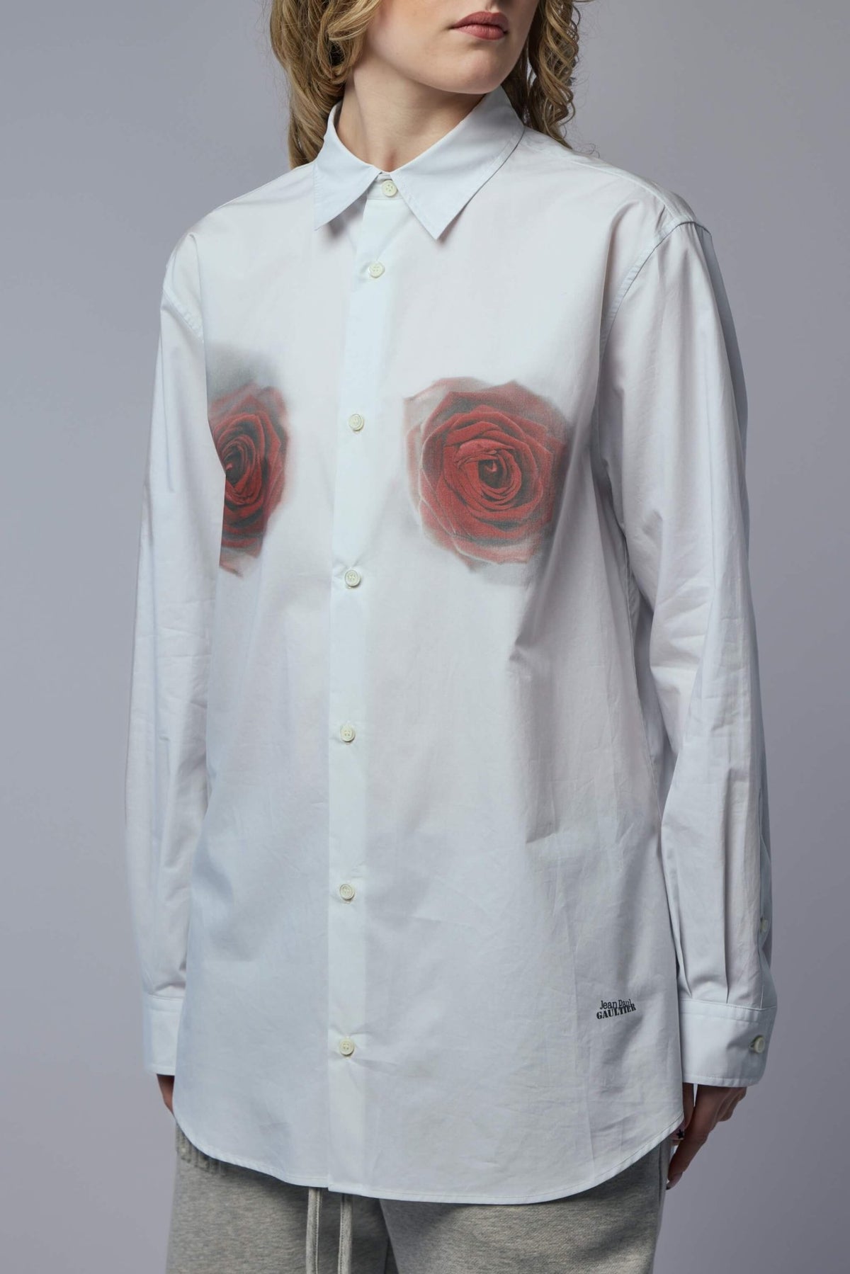 Back view of Jean Paul Gaultier white cotton shirt with artistic rose design