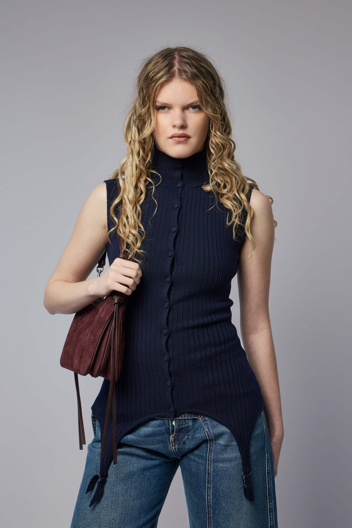 Jean Paul Gaultier knitwear waistcoat in ribbed wool with high neckline