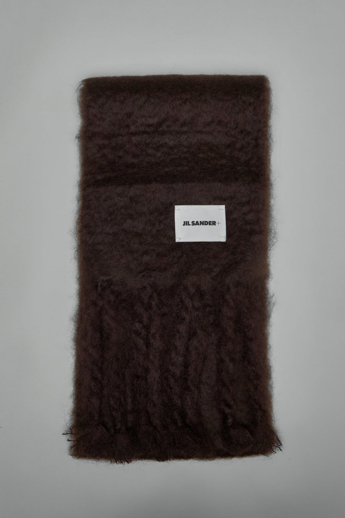 Jil Sander logo patch fringe-detailed scarf in dark brown mohair wool blend