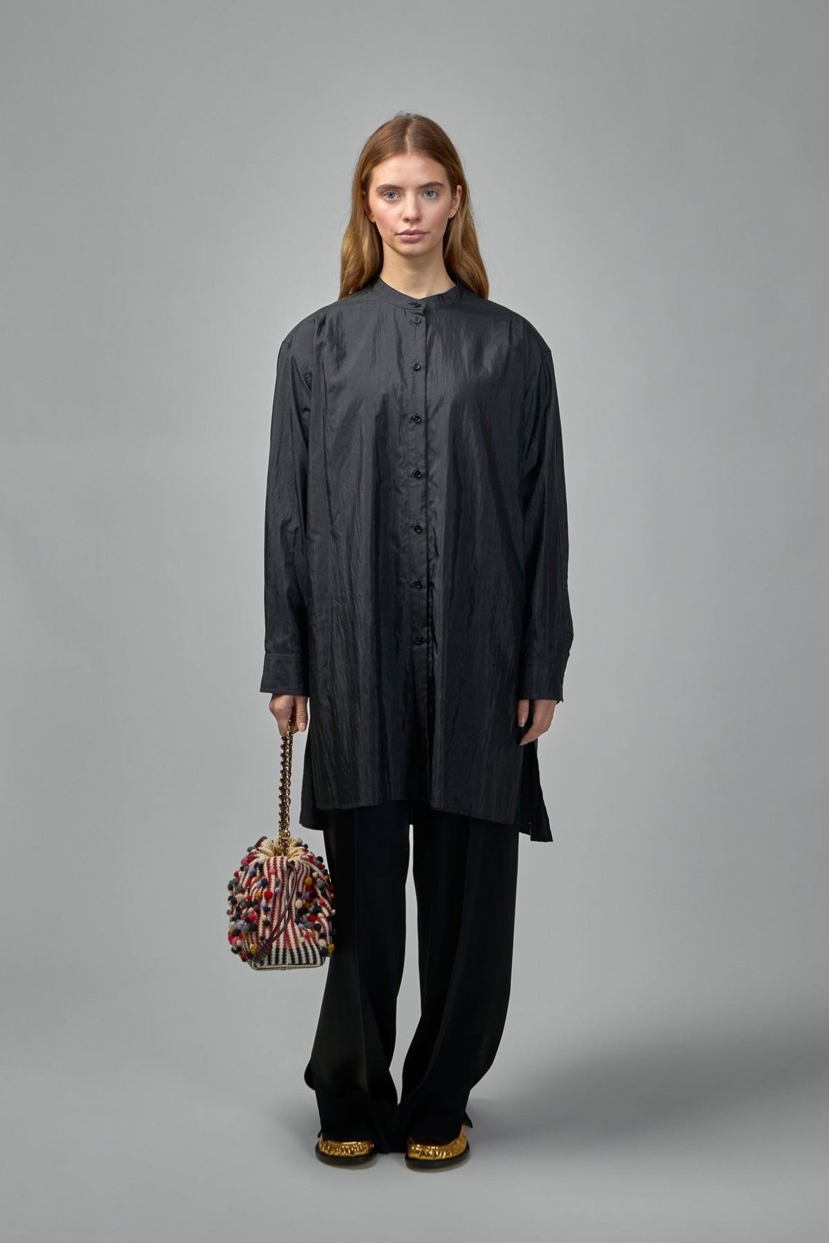 Jil Sander blouses - black wool poplin shirt with crinkled texture and button-down front