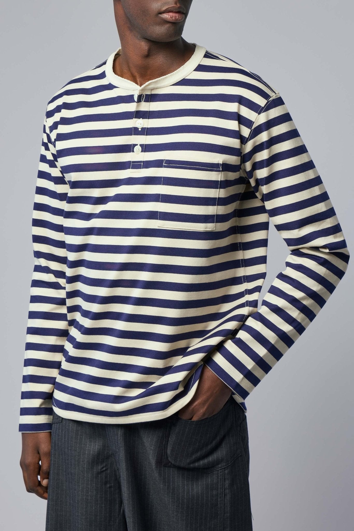 junya watanbe manストライプ スウェットドッキングシャツ Junya Watanabe Man Striped Henley Long Sleeve Shirt – LABELS
