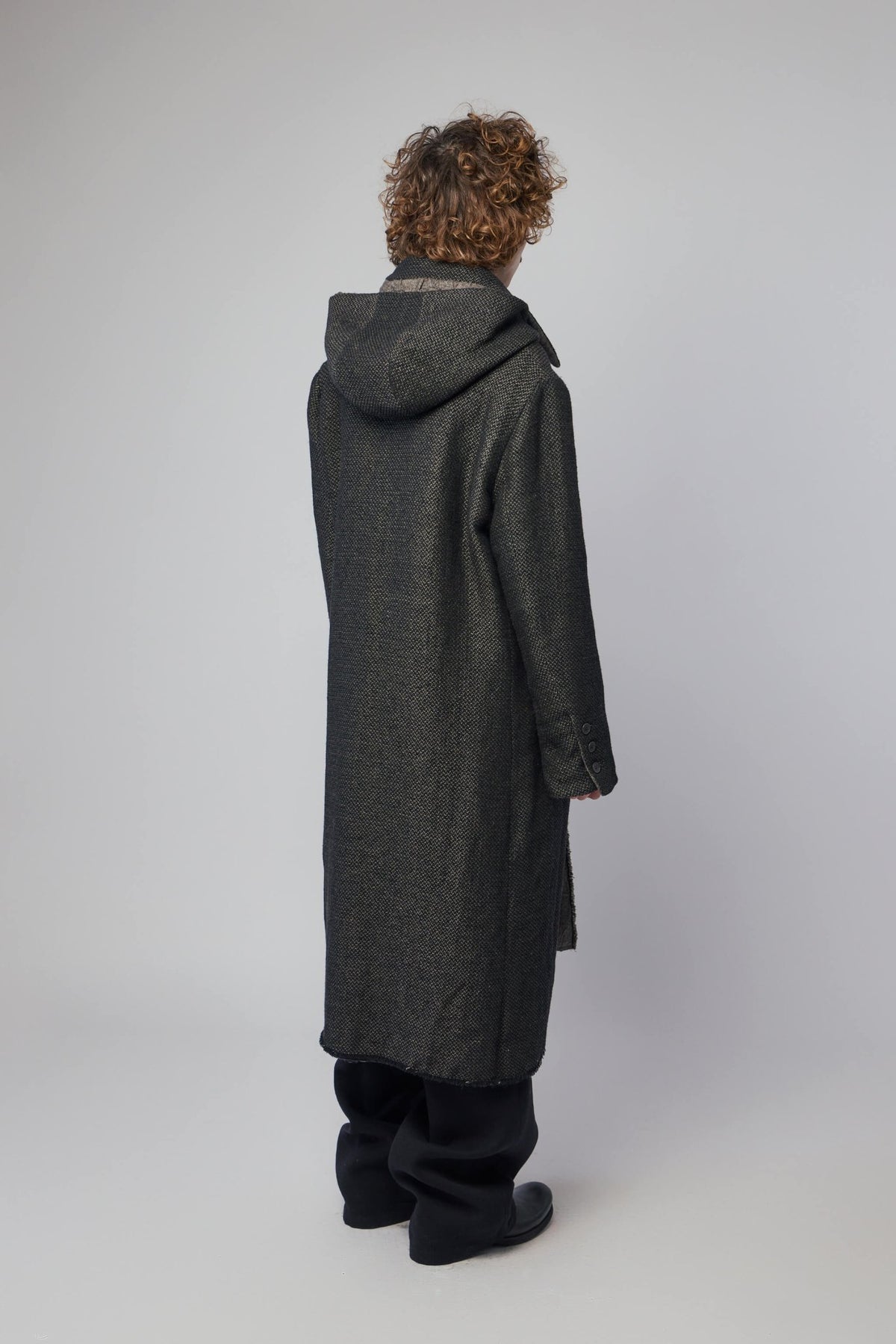 Detachable hood feature of K'ANG reversible coat showing versatile styling options, view 6