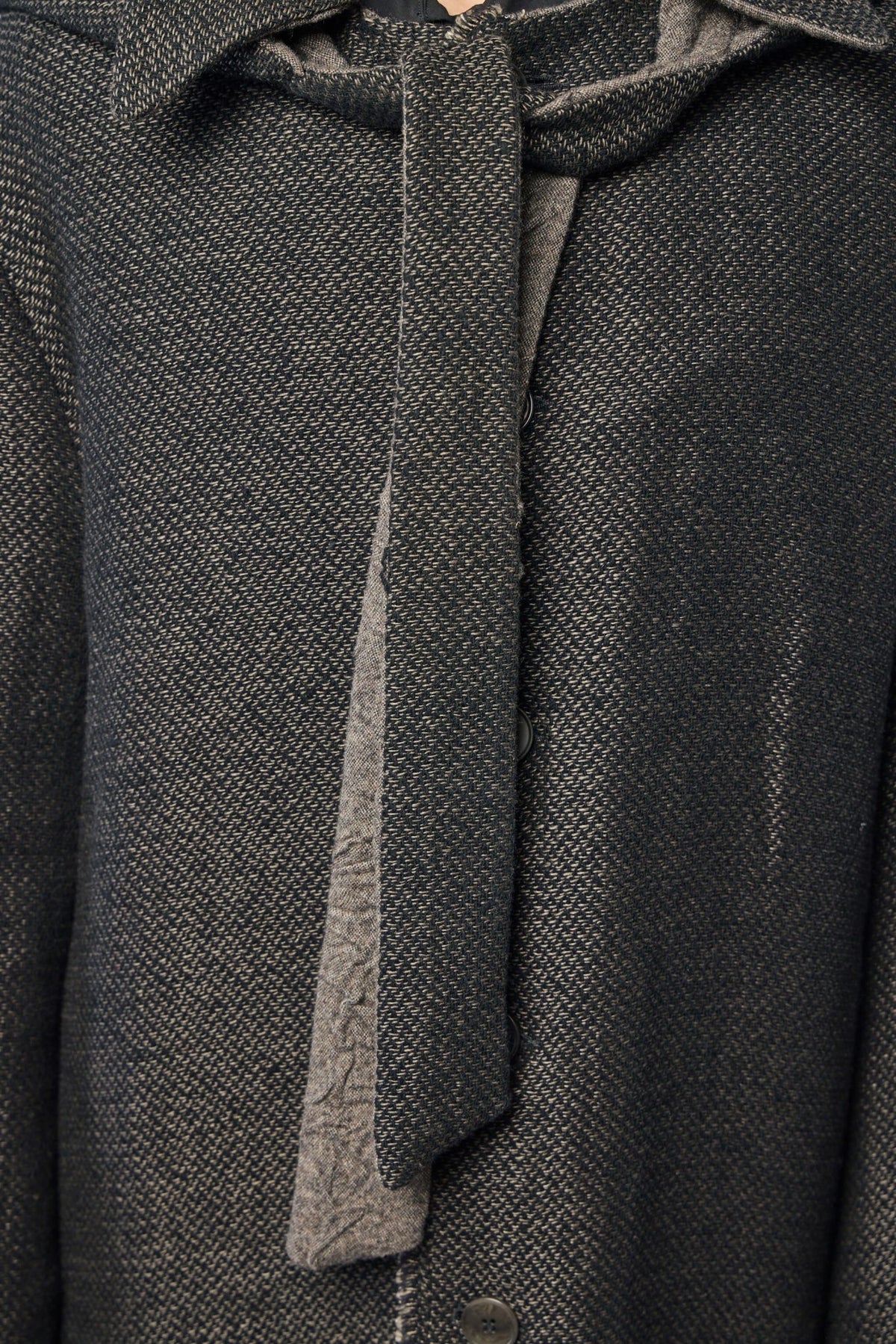 Detachable hood feature of K'ANG reversible coat showing versatile styling options, view 5