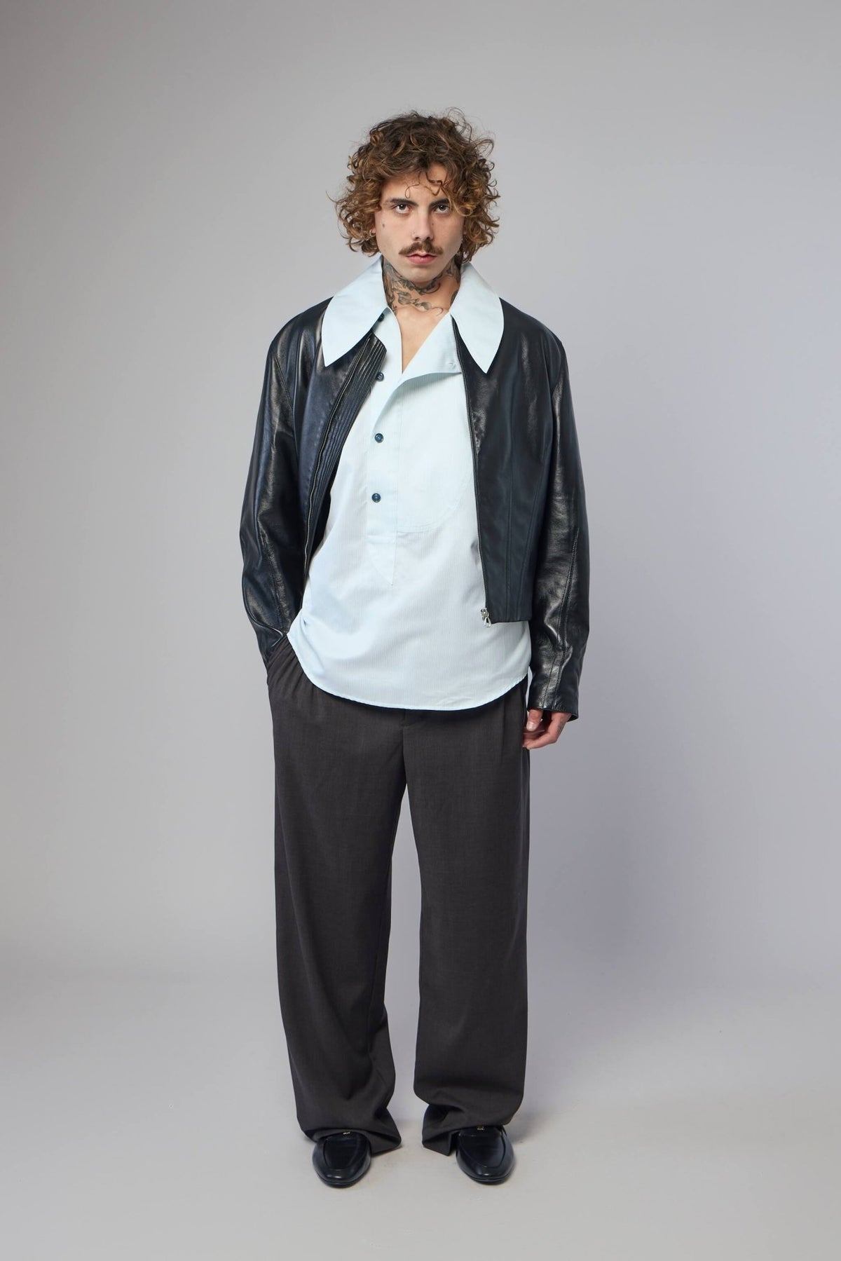 Full outfit featuring Kiko Kostadinov Kest shirt in contemporary setting