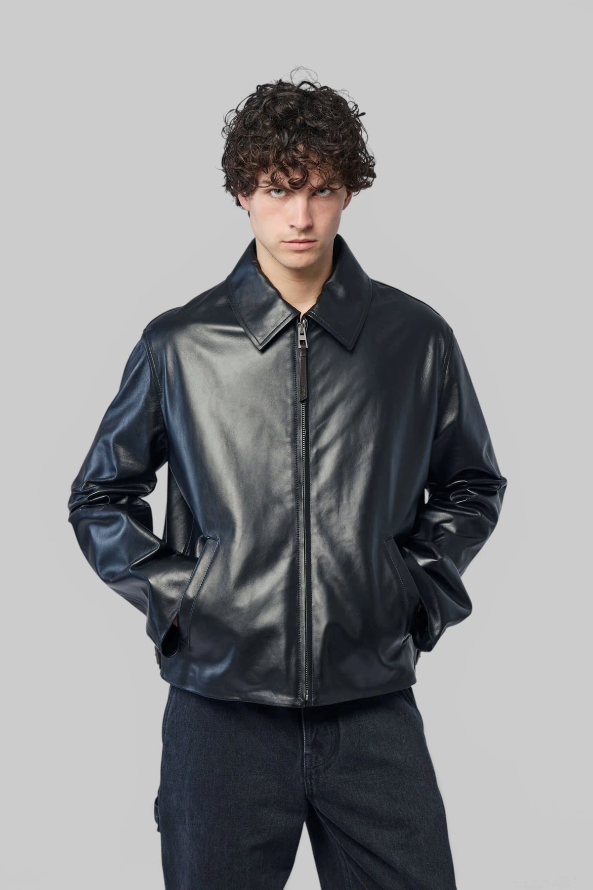 Loewe leather jackets - black zip-up calfskin jacket with structured collar
