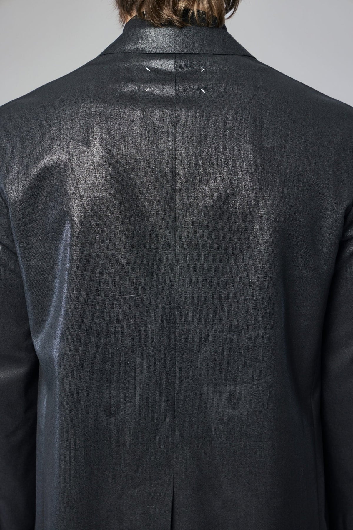 Side view of deconstructed blazer silhouette and design details, view 6