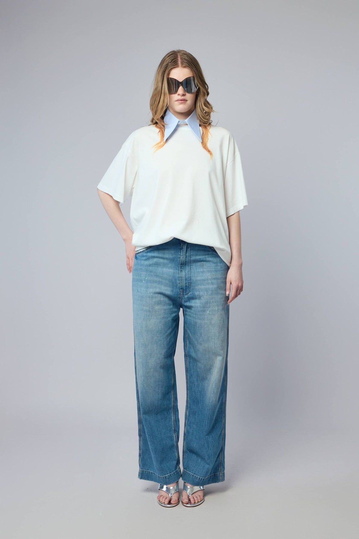 Full outfit featuring Maison Margiela wide leg jeans for modern luxury styling
