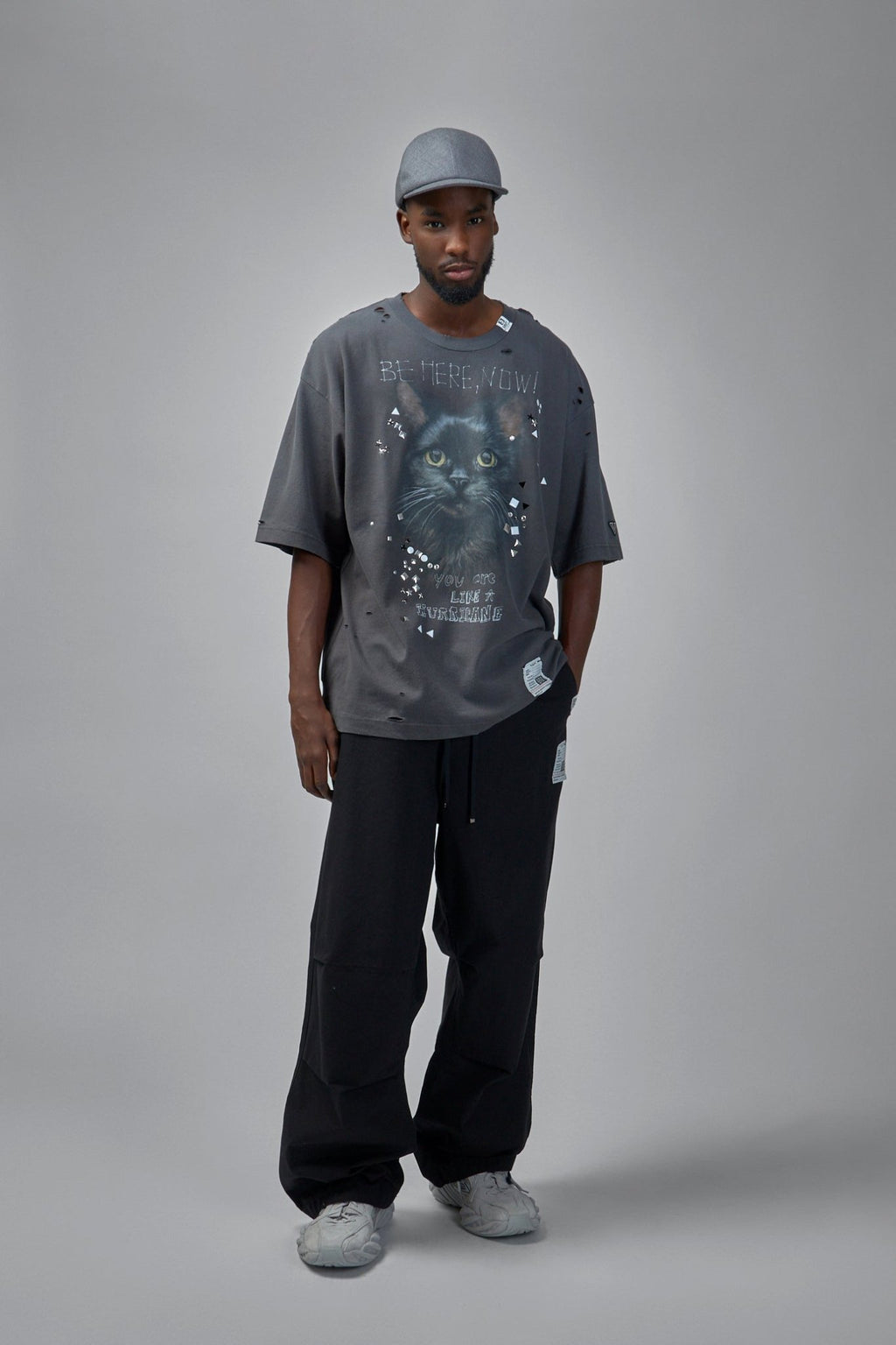 Maison Mihara Yasuhiro - Cat Printed Embellished Distressed T-Shirt - LABELS