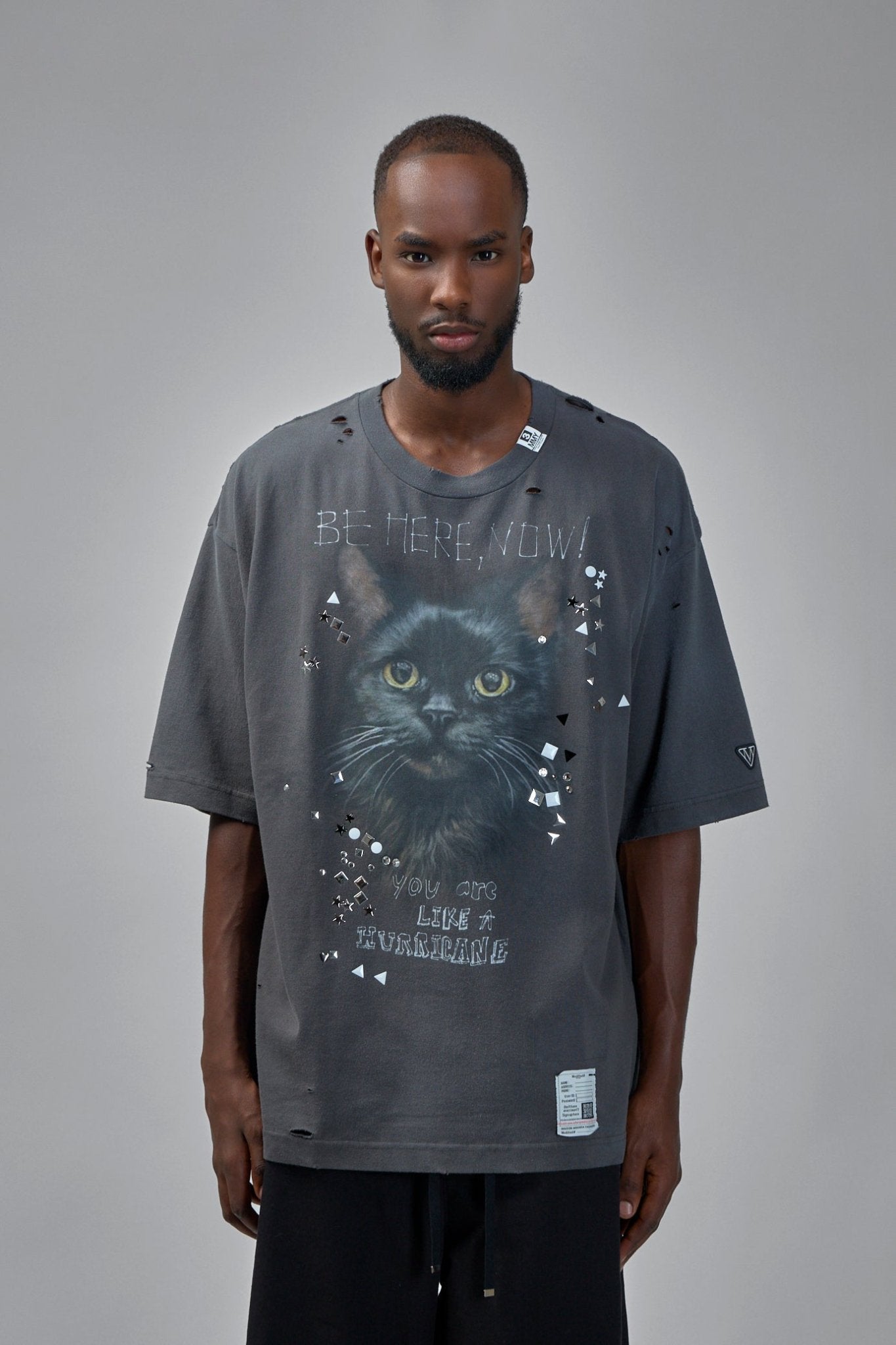 Maison Mihara Yasuhiro - Cat Printed Embellished Distressed T-Shirt - LABELS