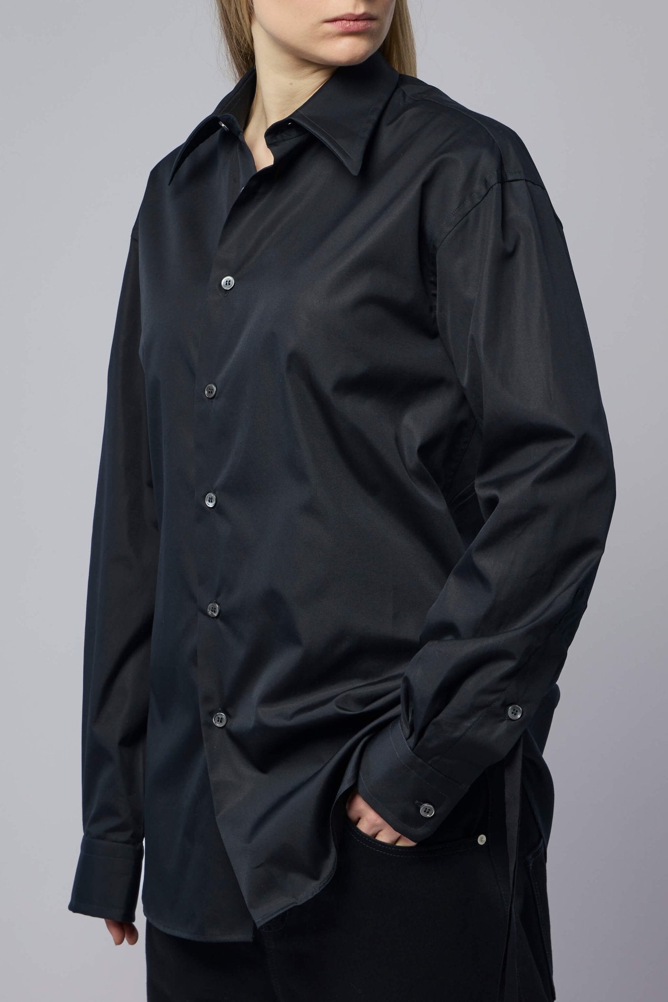 Marina Yee - Classic Shirt - LABELS — Model wearing Marina Yee classic shirt styled with tailored trousers