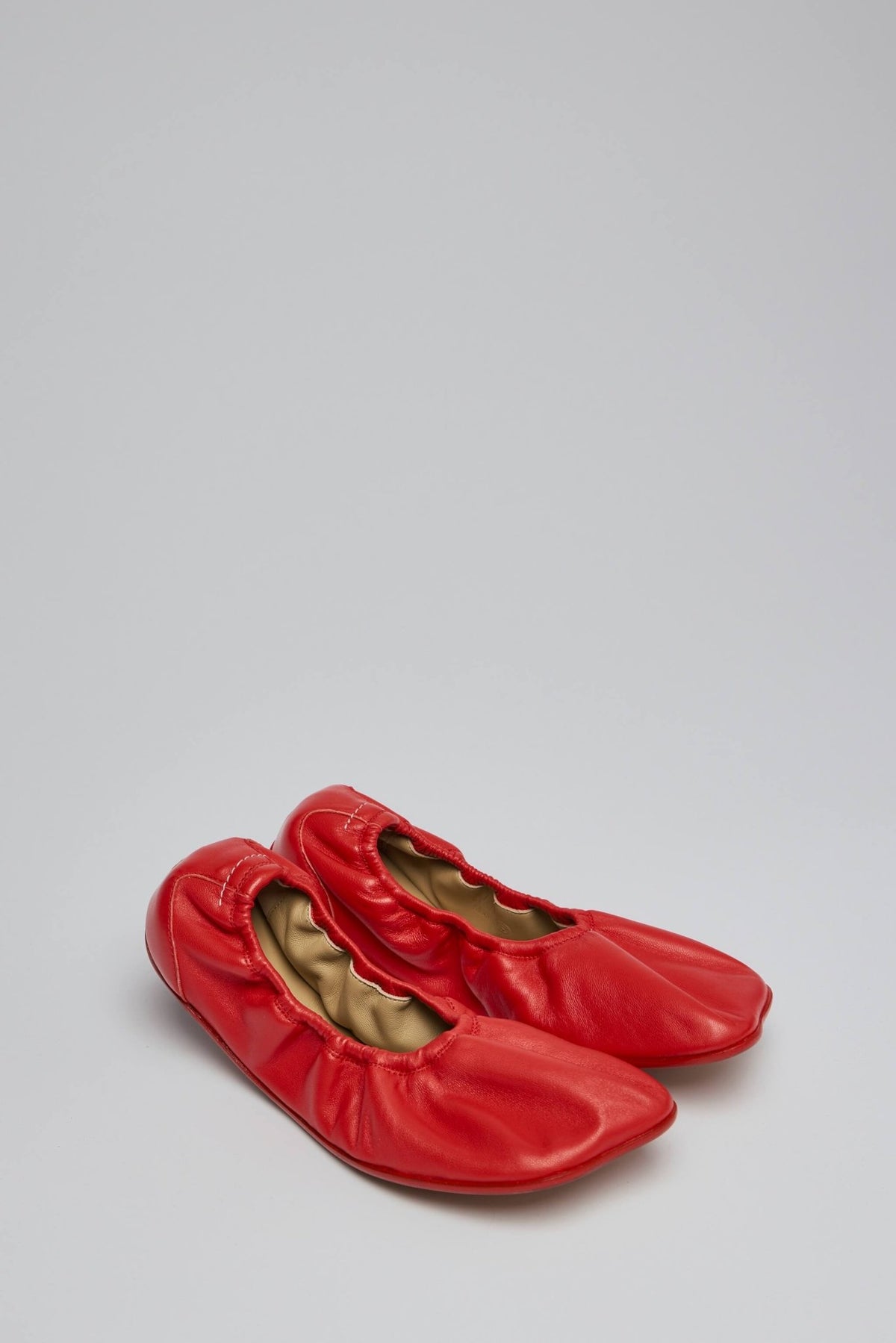 Close-up of MM6 Margiela ballet shoe showing gathered elastic detail