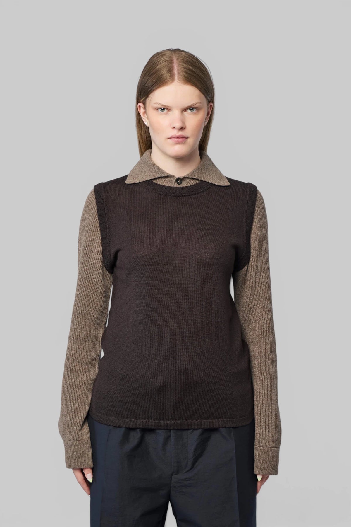 MM6 Margiela knitwear polo shirt styled with wide-leg trousers