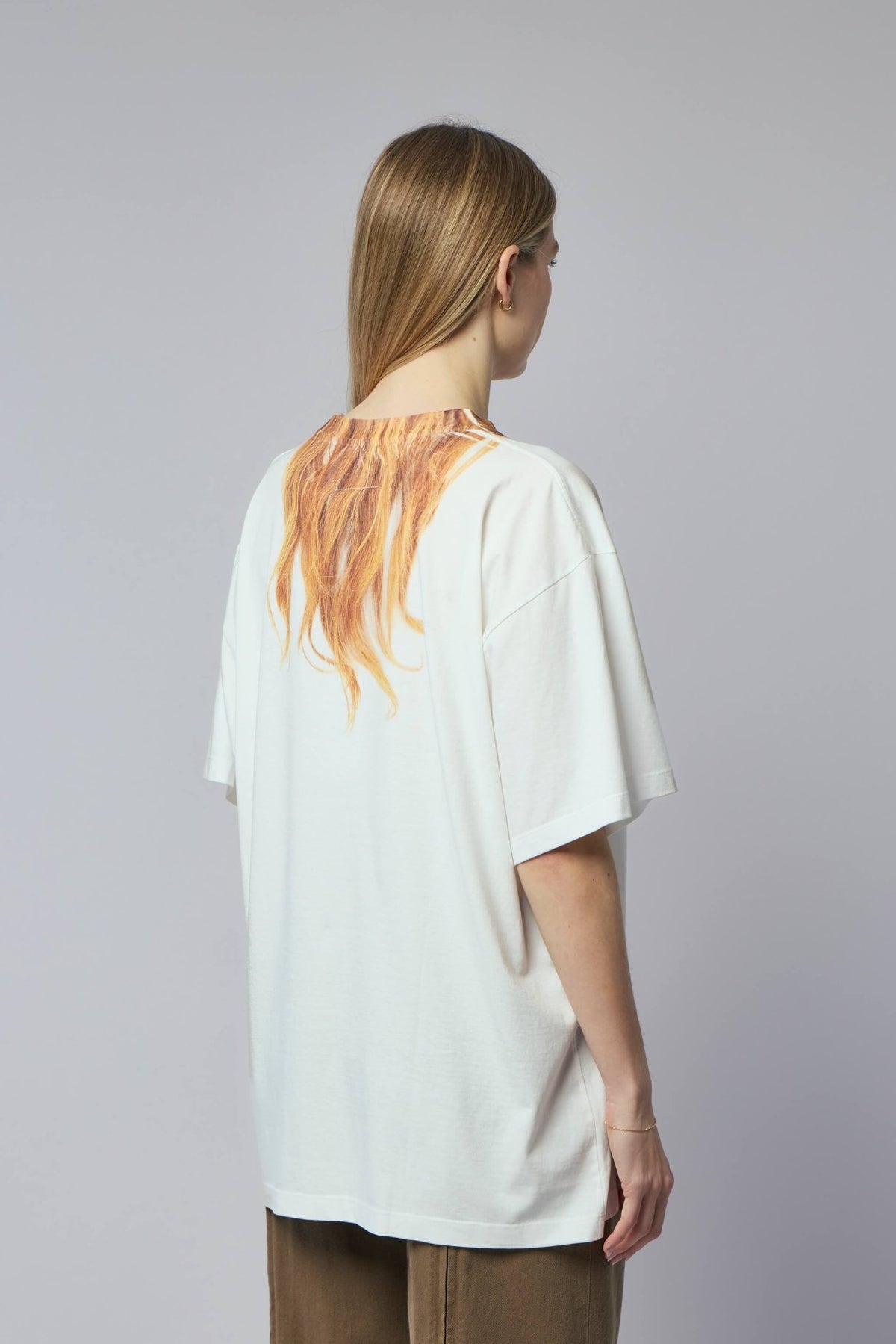 Full front view of MM6 Margiela hair print t-shirt in white