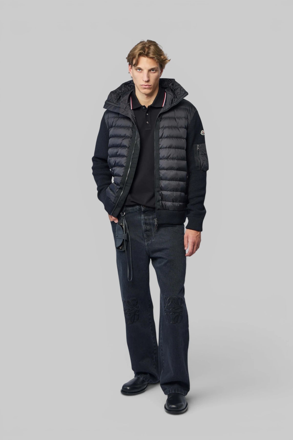 Moncler cardigan textured sleeve and zip pocket detail