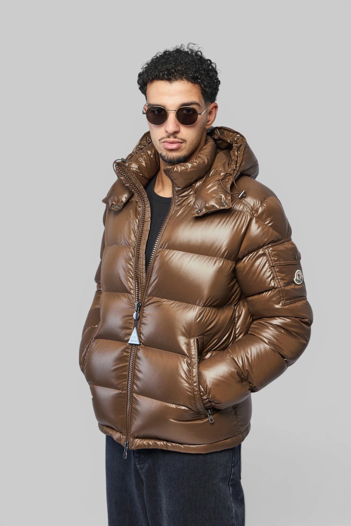 Moncler Down Maya Jacket in glossy brown front view