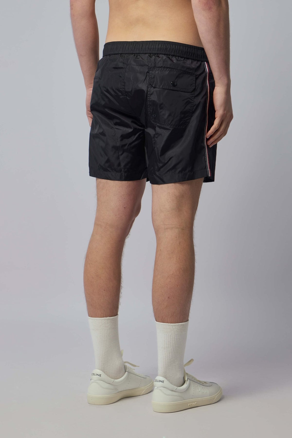Detail shot of elastic waistband on premium polyamide shorts