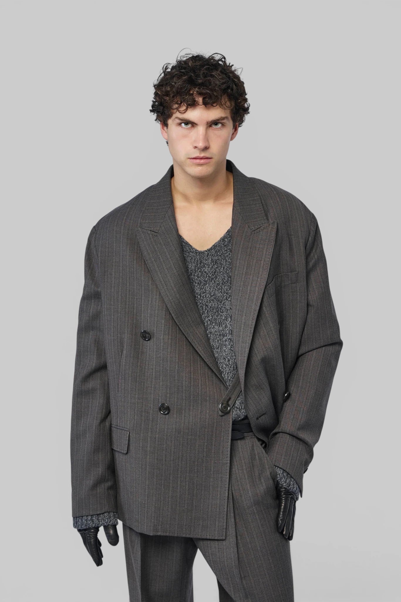 Our Legacy Halt Blazer front view showing double-breasted pinstripe design