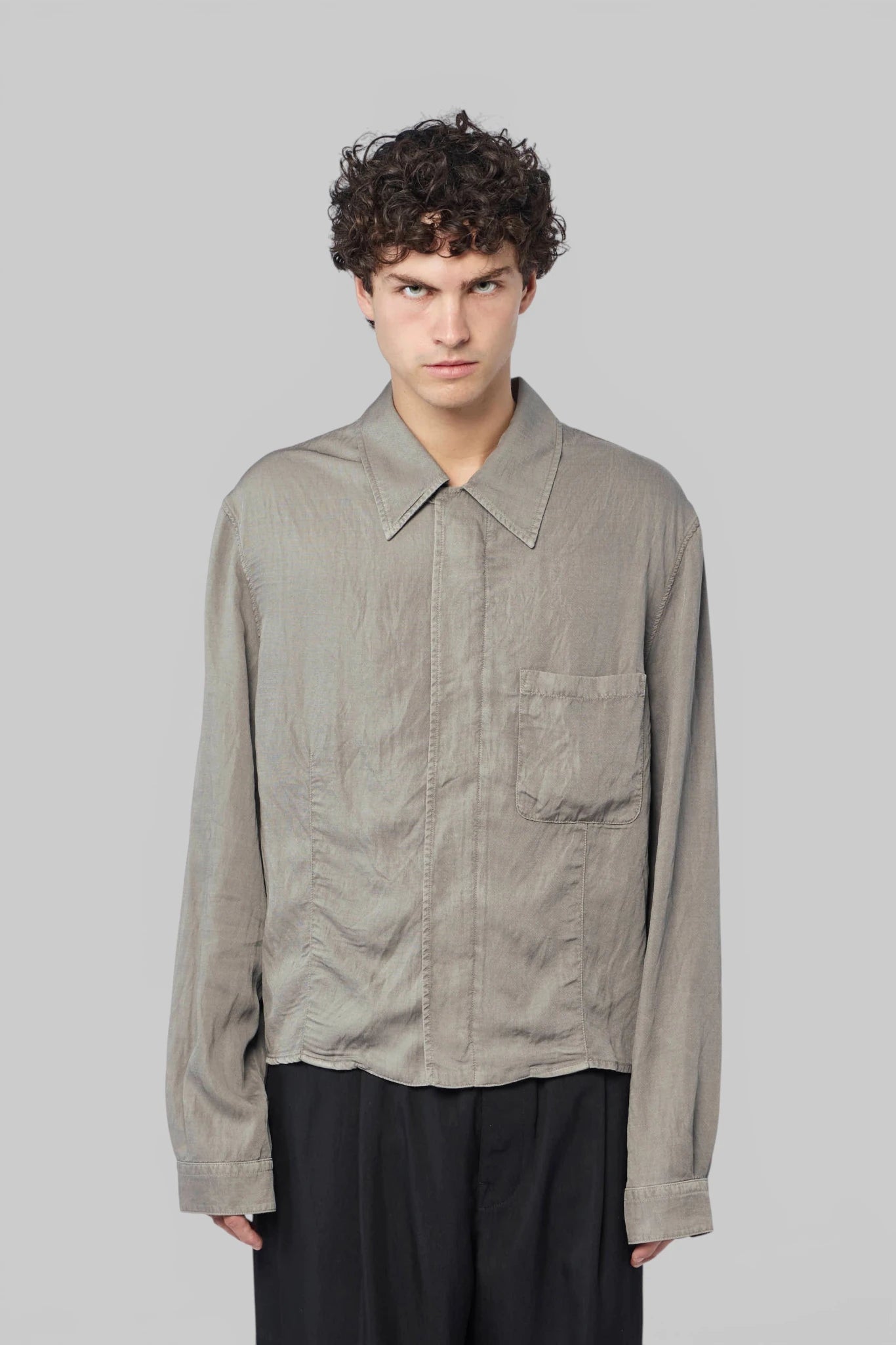 Sift Zip Shirt by Our Legacy, side profile highlighting cropped fit