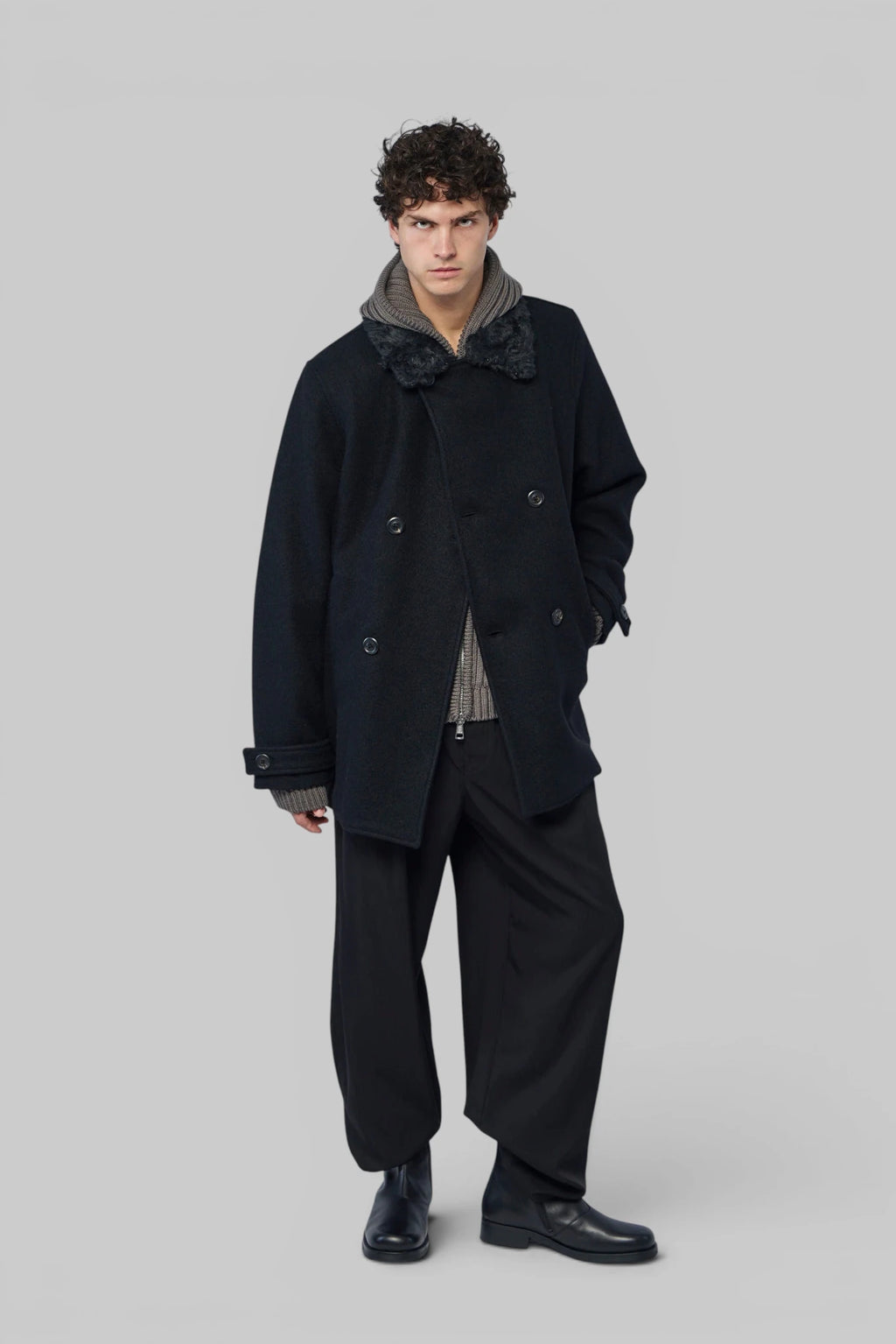 Wae Peacoat by Our Legacy showing plush mohair collar detail