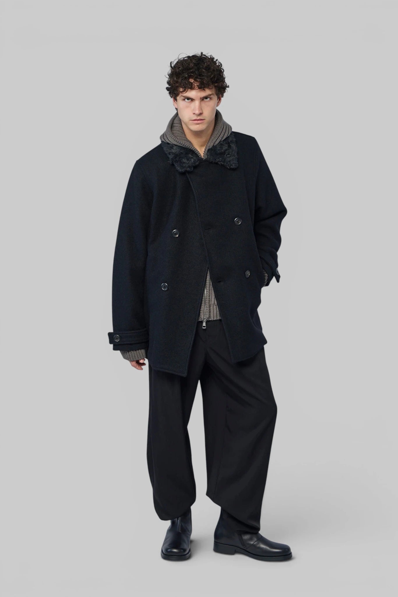 Wae Peacoat by Our Legacy showing plush mohair collar detail