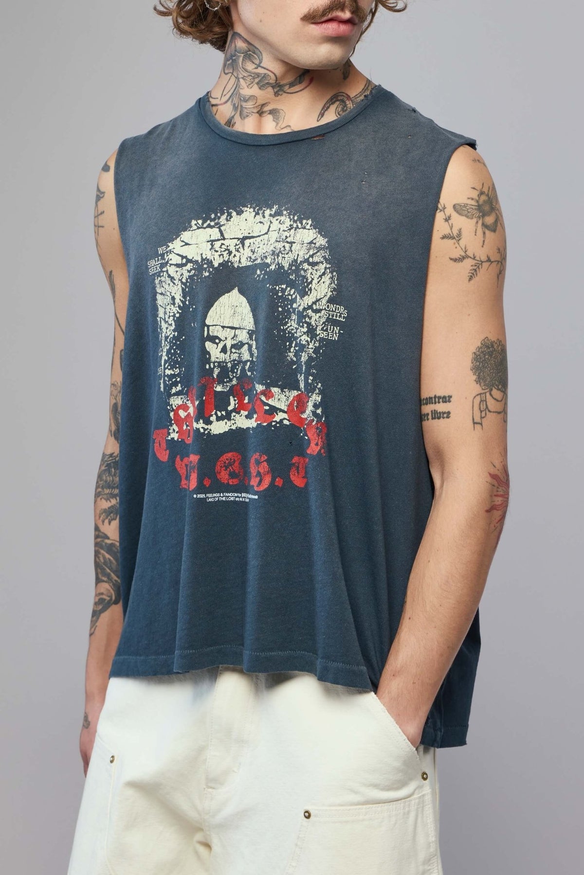 Model wearing Paly Hollywood Thriller Night Cut Off Tee demonstrating relaxed fit