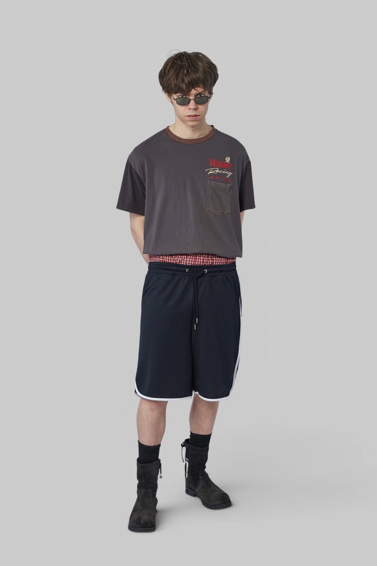 Close-up of contrasting brown neckline on Protocol Index tee