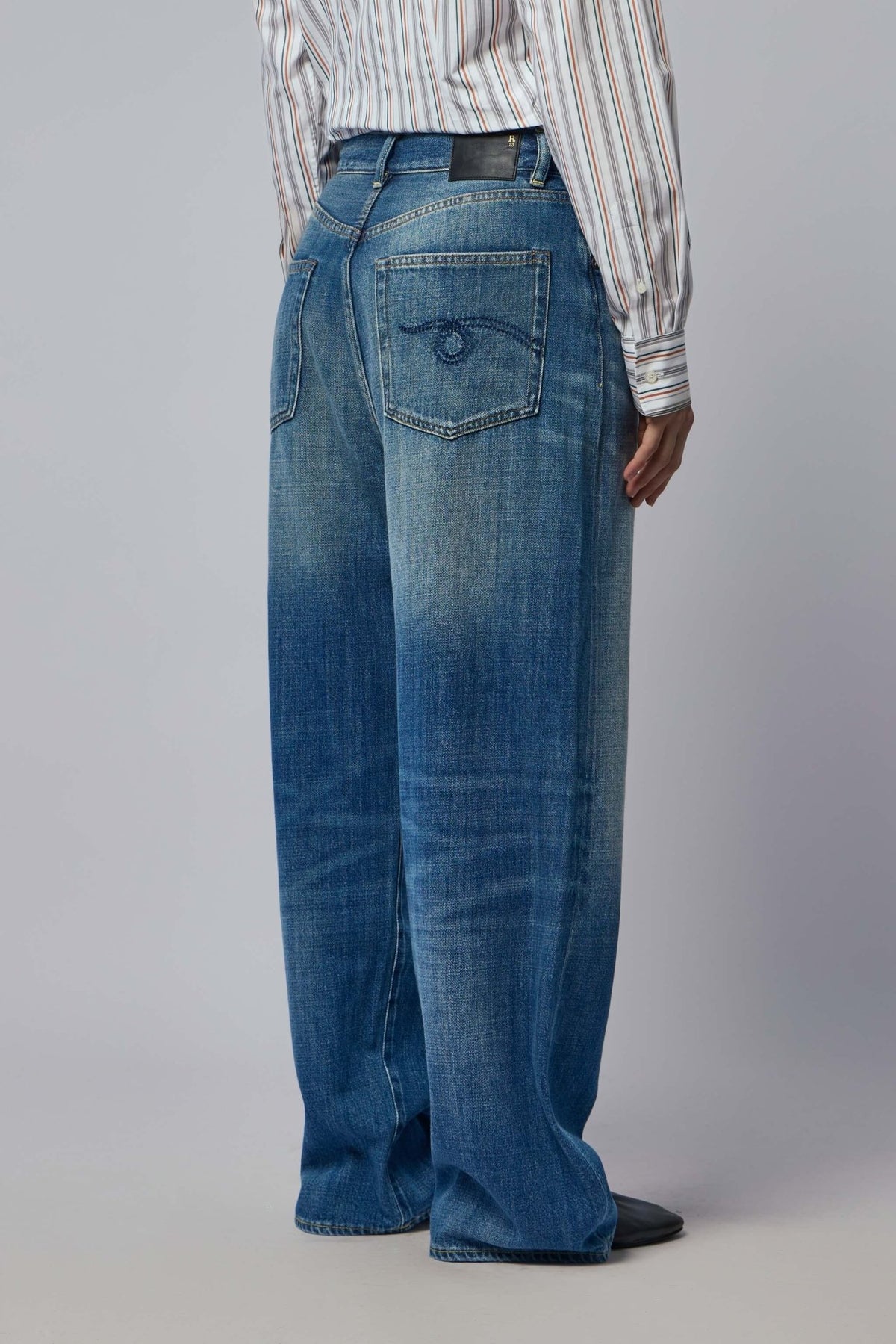 Detail shot of R13 jean button and zip closure with belt loops