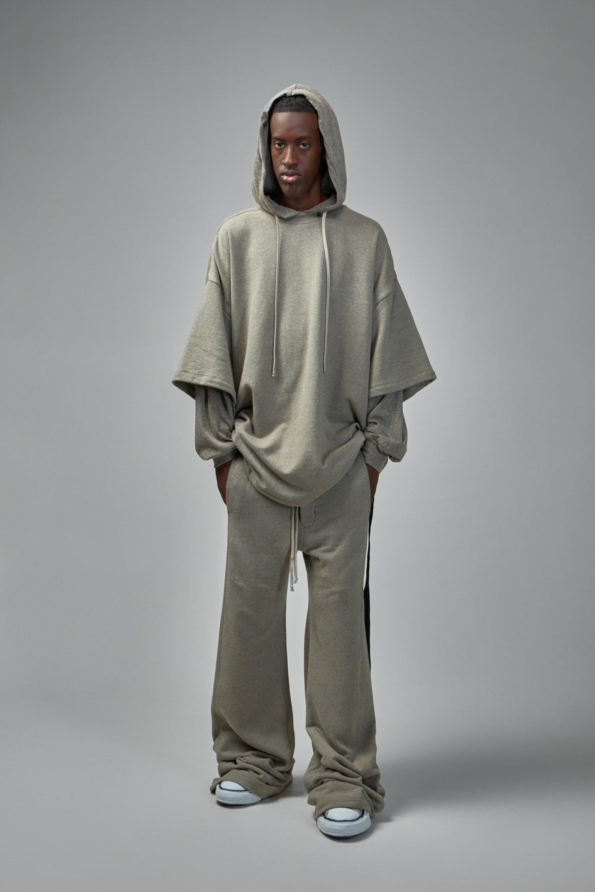 Detail shot of premium cotton fabric texture on Rick Owens sweatpants