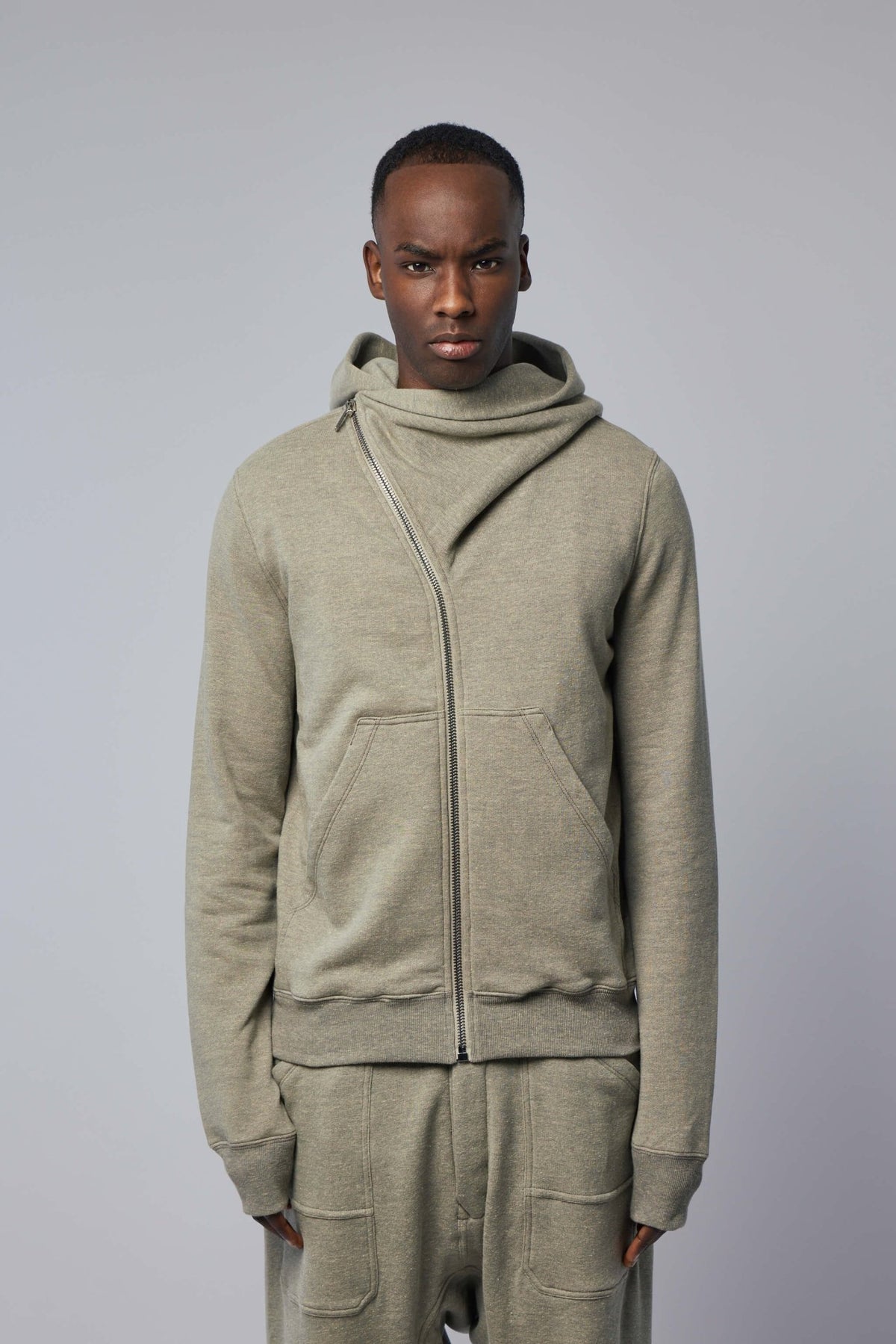 DRKSHDW knit sweatshirt featuring large draped hood and spacious pockets
