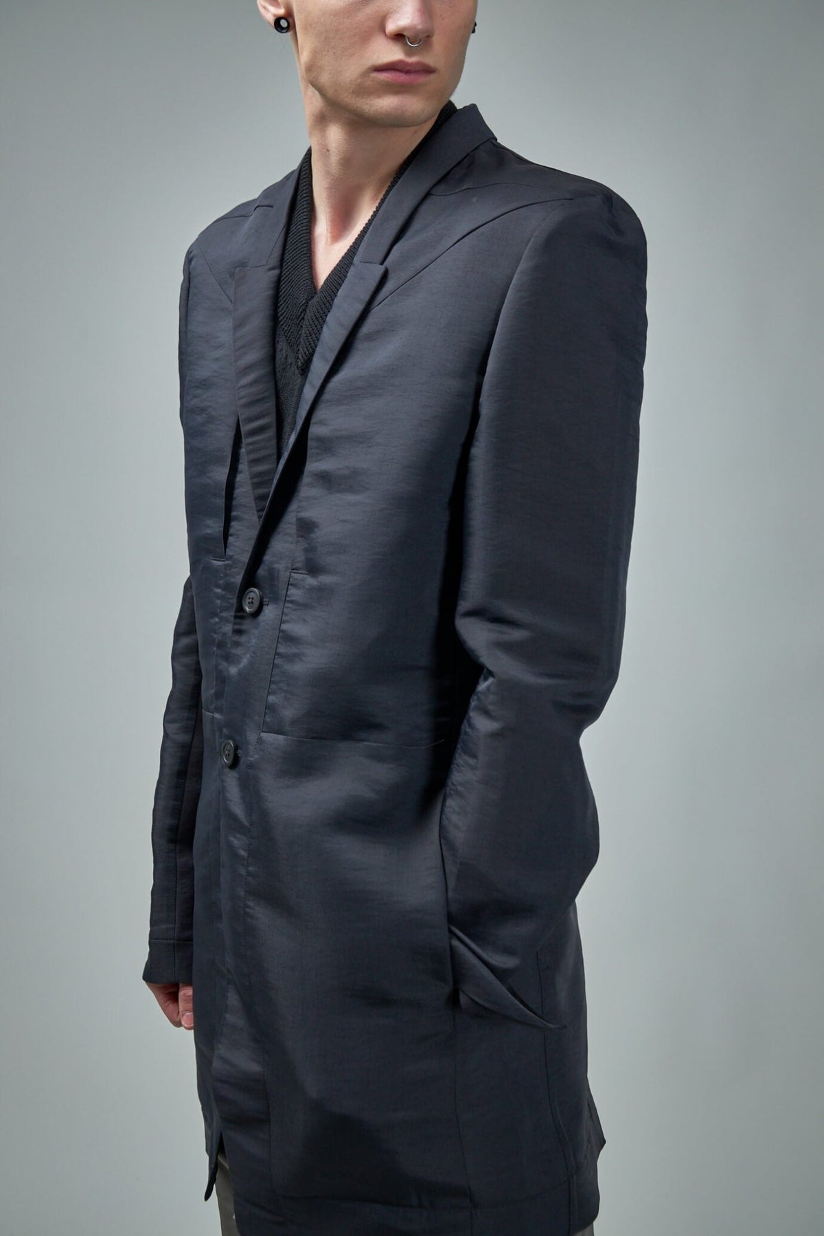 Detail shot of Rick Owens jacket collar and premium nylon construction