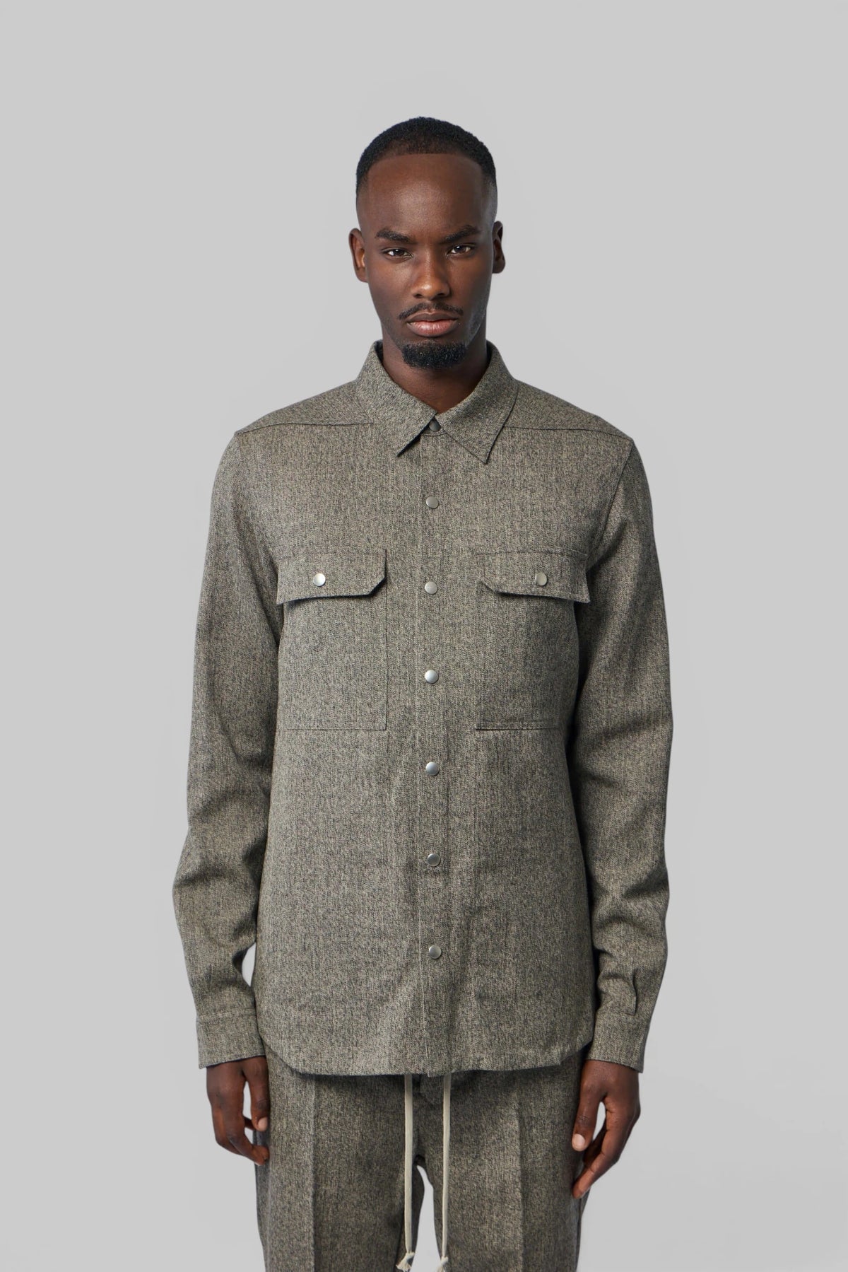 Rick Owens wool outershirt styled as layering jacket