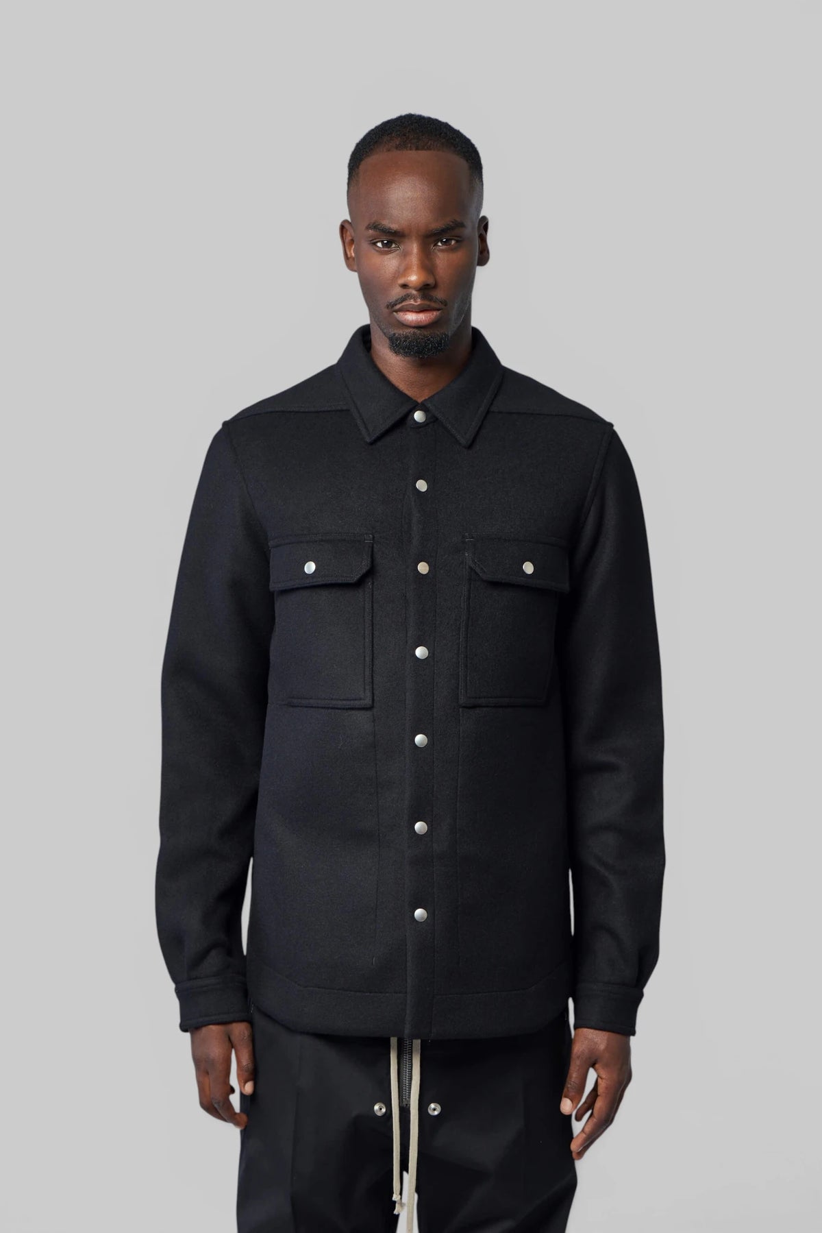Structured collar detail on Rick Owens wool outershirt