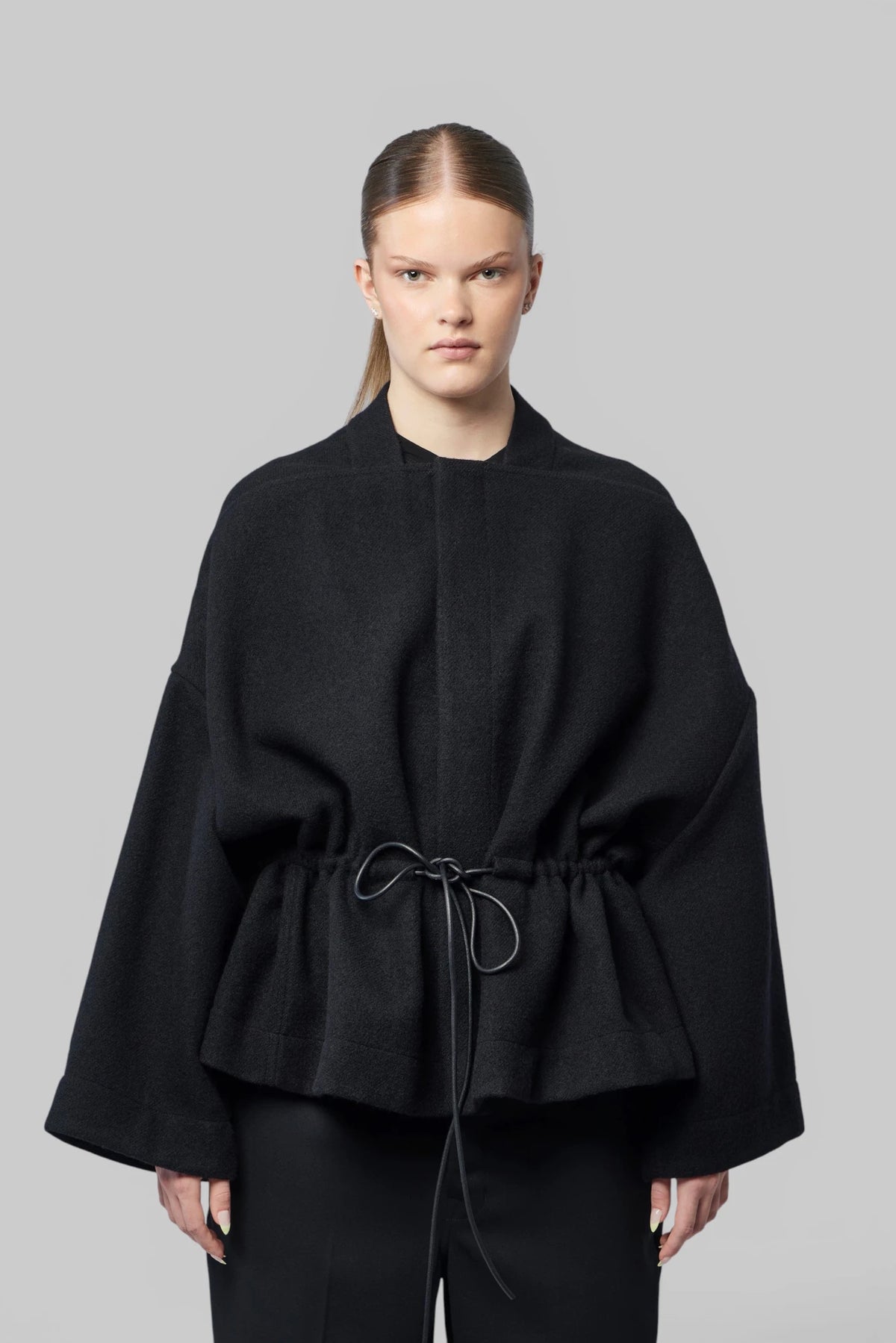 Close-up of drawstring detail on Rick Owens Sail Jacket
