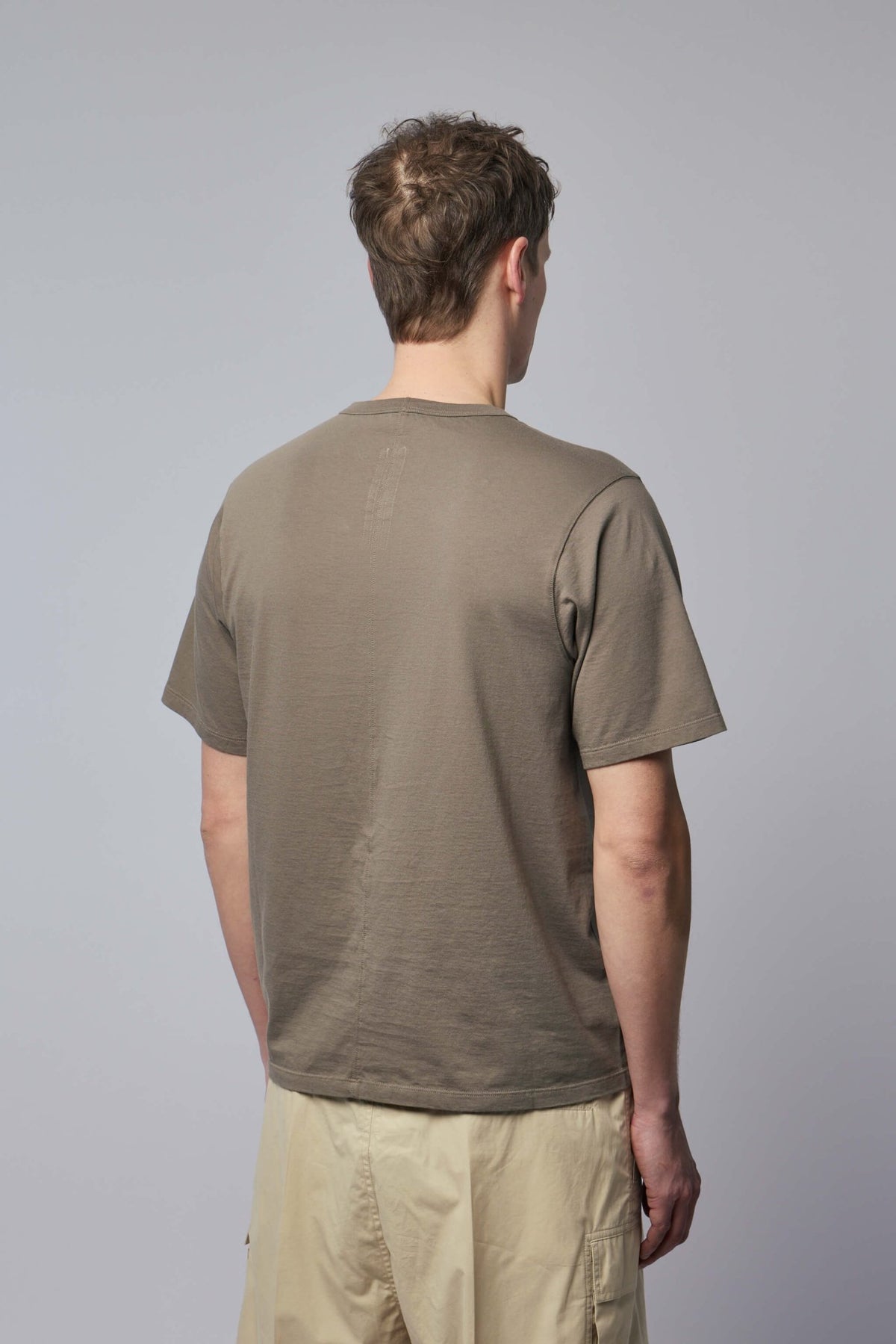 Detail shot of Rick Owens t-shirt crew neck and construction quality, view 5