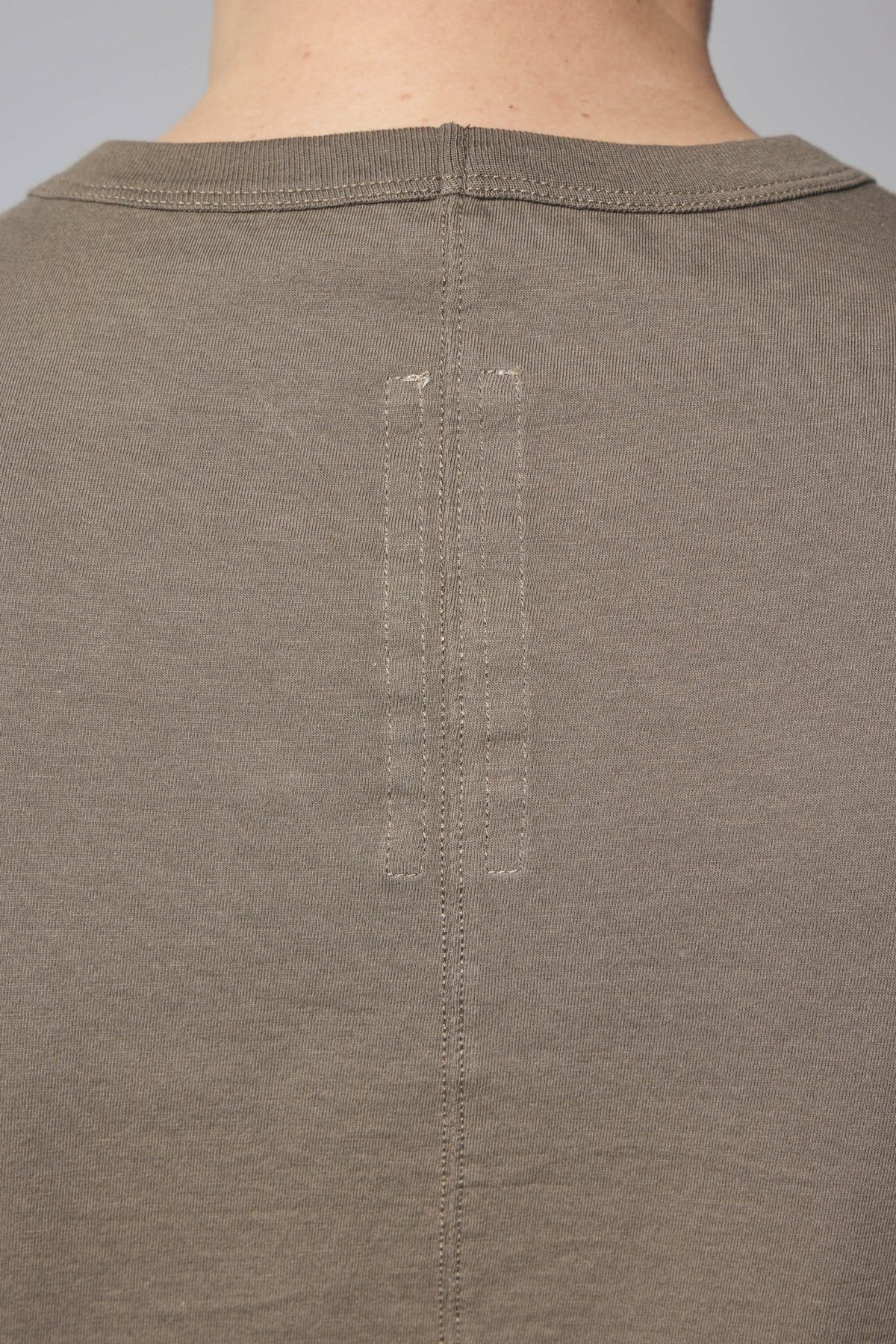 Detail shot of Rick Owens t-shirt crew neck and construction quality, view 6