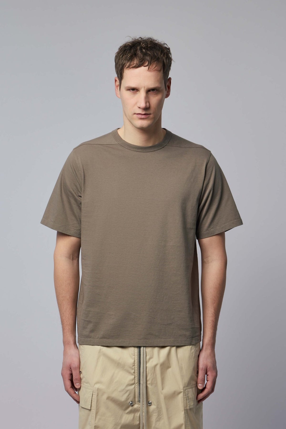 Close-up view of Rick Owens cotton t-shirt showing fabric texture and fit