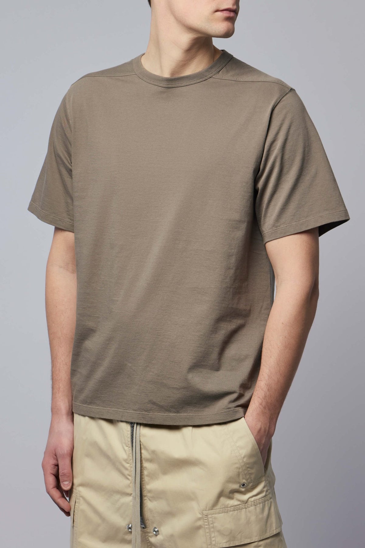 Model wearing Rick Owens Brad T demonstrating true to size fit
