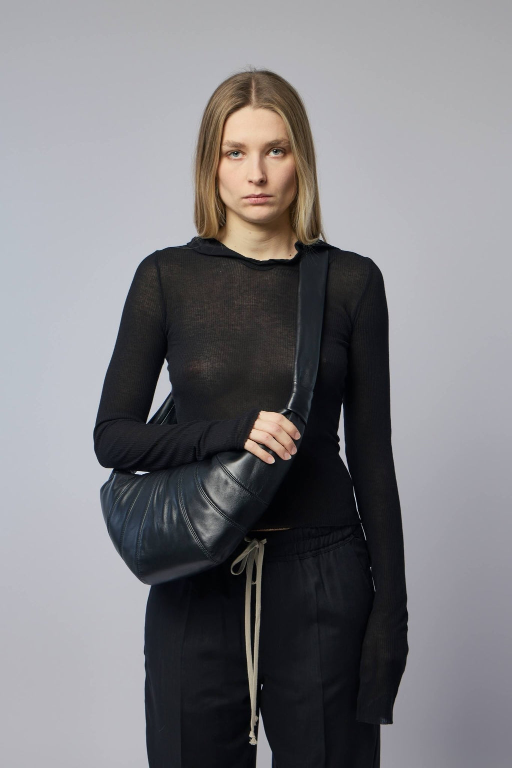 Rick Owens - Knit T-shirt - Cropped Hooded Rib Ls T Black - LABELS