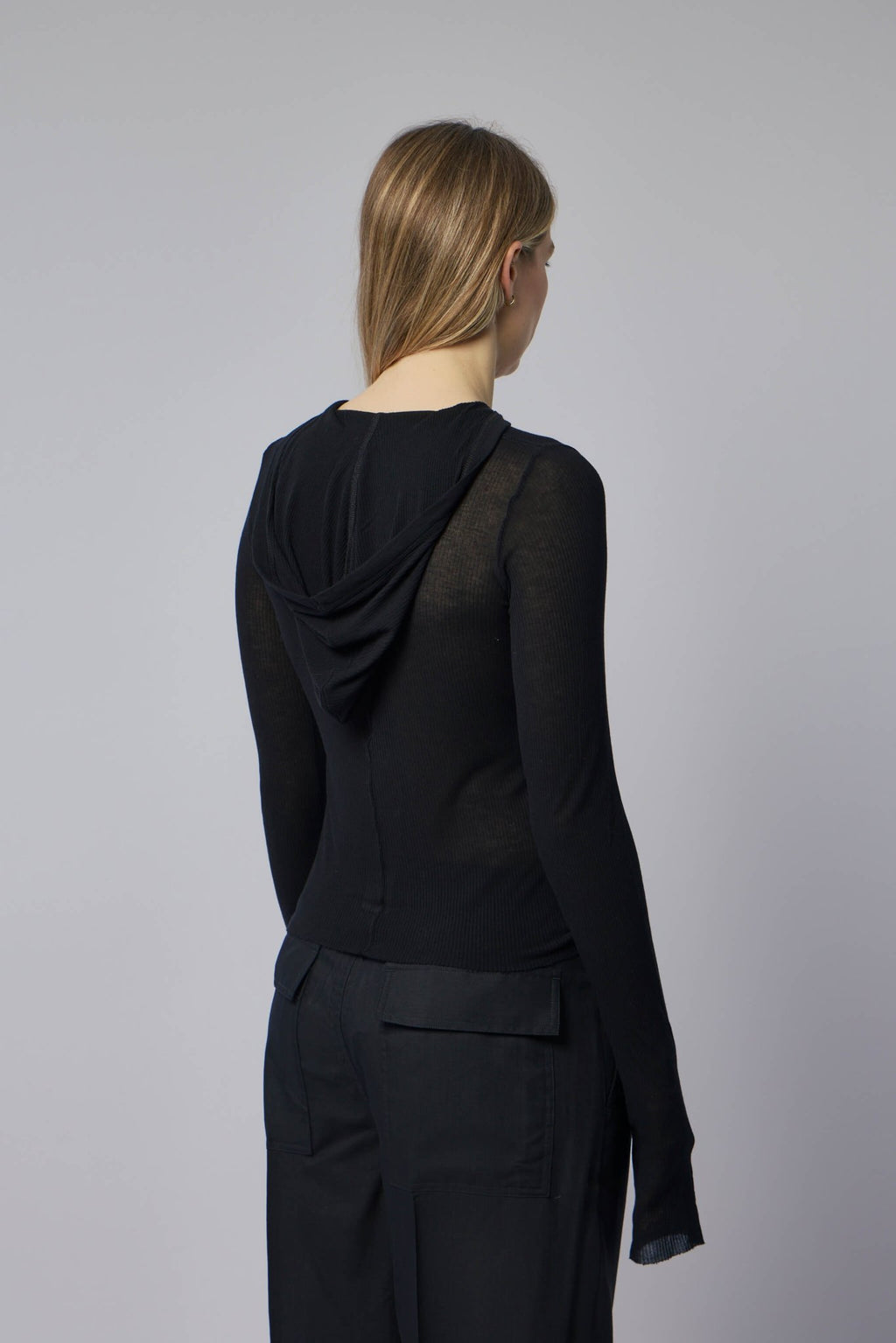 Rick Owens - Knit T-shirt - Cropped Hooded Rib Ls T Black - LABELS