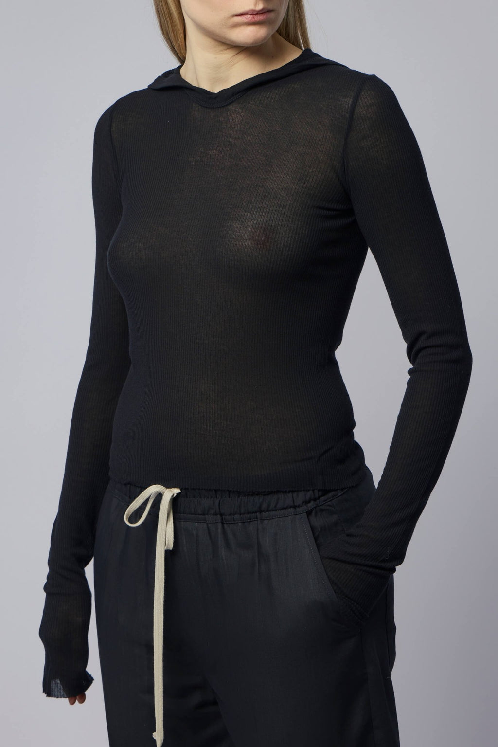 Rick Owens - Knit T-shirt - Cropped Hooded Rib Ls T Black - LABELS