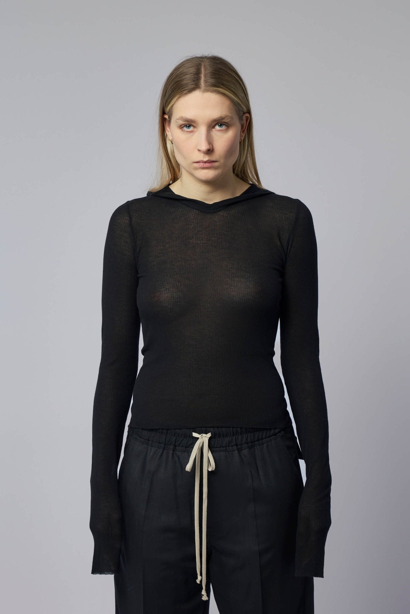 Rick Owens - Knit T-shirt - Cropped Hooded Rib Ls T Black - LABELS