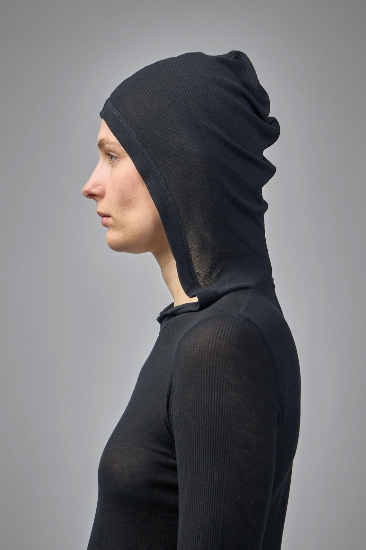 Full length view of Rick Owens hooded tee styled for contemporary casual wear