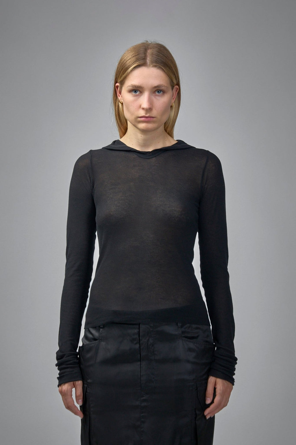 Rick Owens - Knit T-Shirt Cropped Hooded Rib LS Tee - LABELS