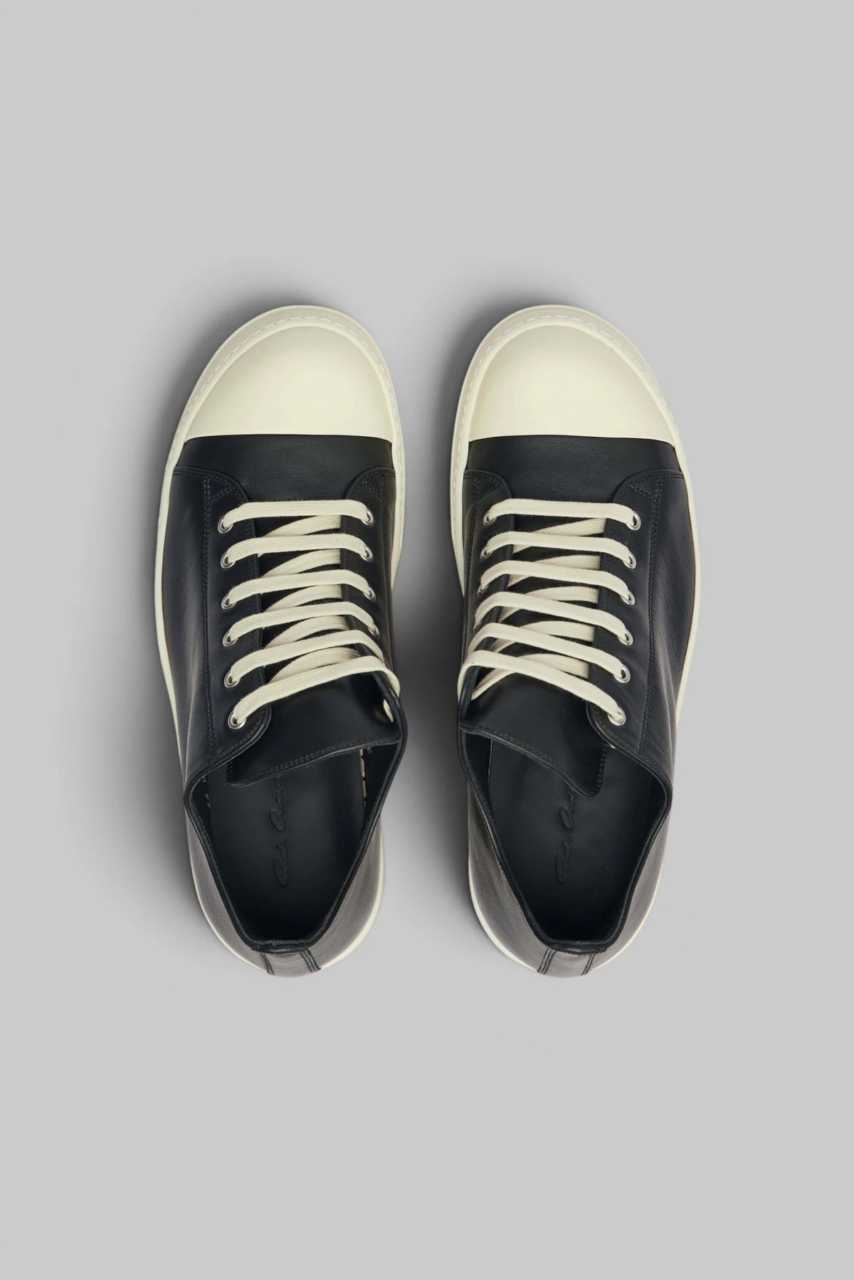Close-up of textured rubber outsole on Rick Owens sneakers