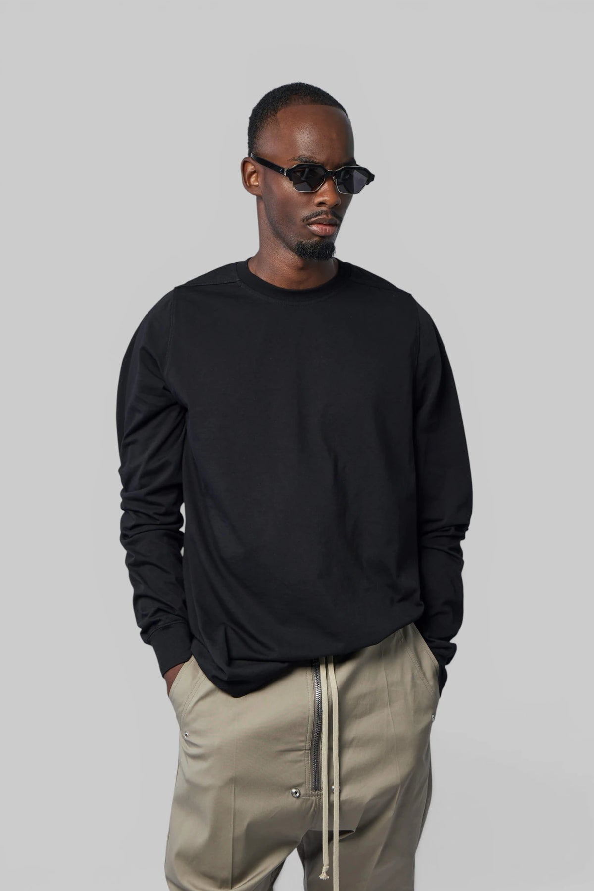Rick Owens T-Shirt - Short Crewneck LS in black cotton front view