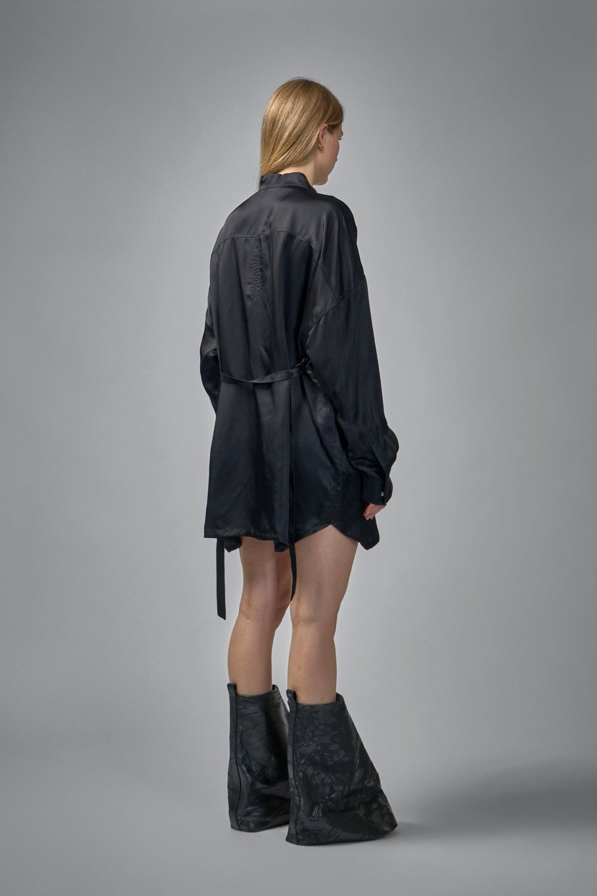 Model wearing Rick Owens Woven Dress Jumbo Faun Mini showcasing relaxed fit