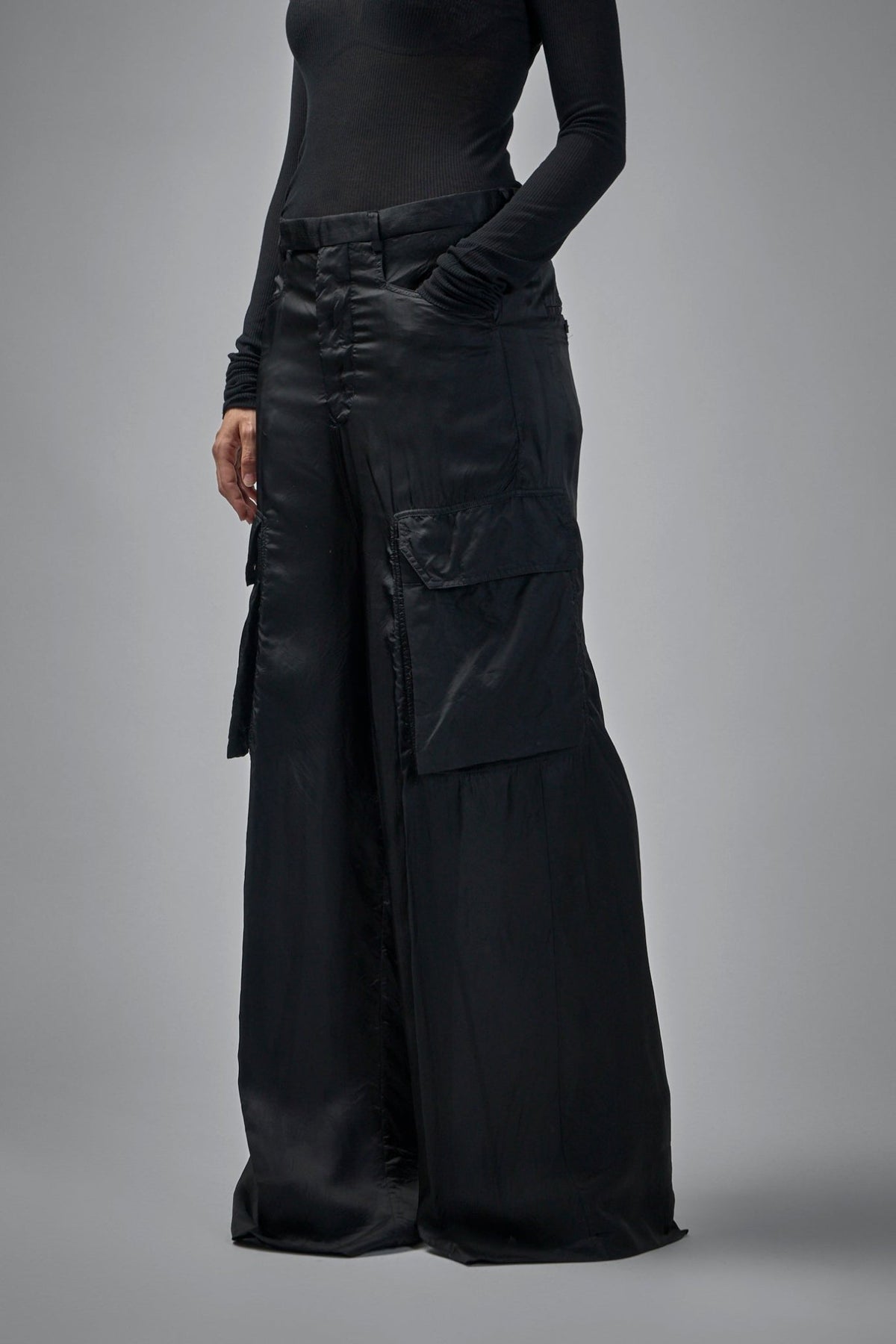 Full-length view showing relaxed fit and high-waisted design