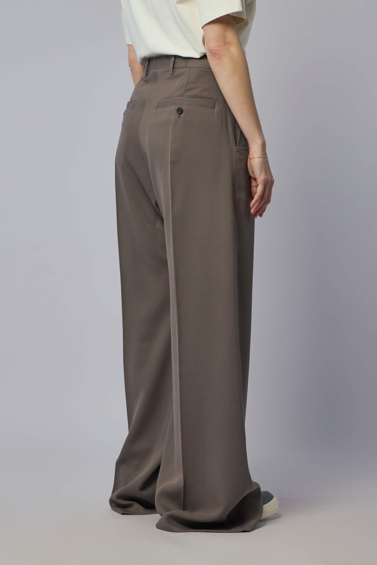 Full-length view of Rick Owens wide-leg pants styling and proportions