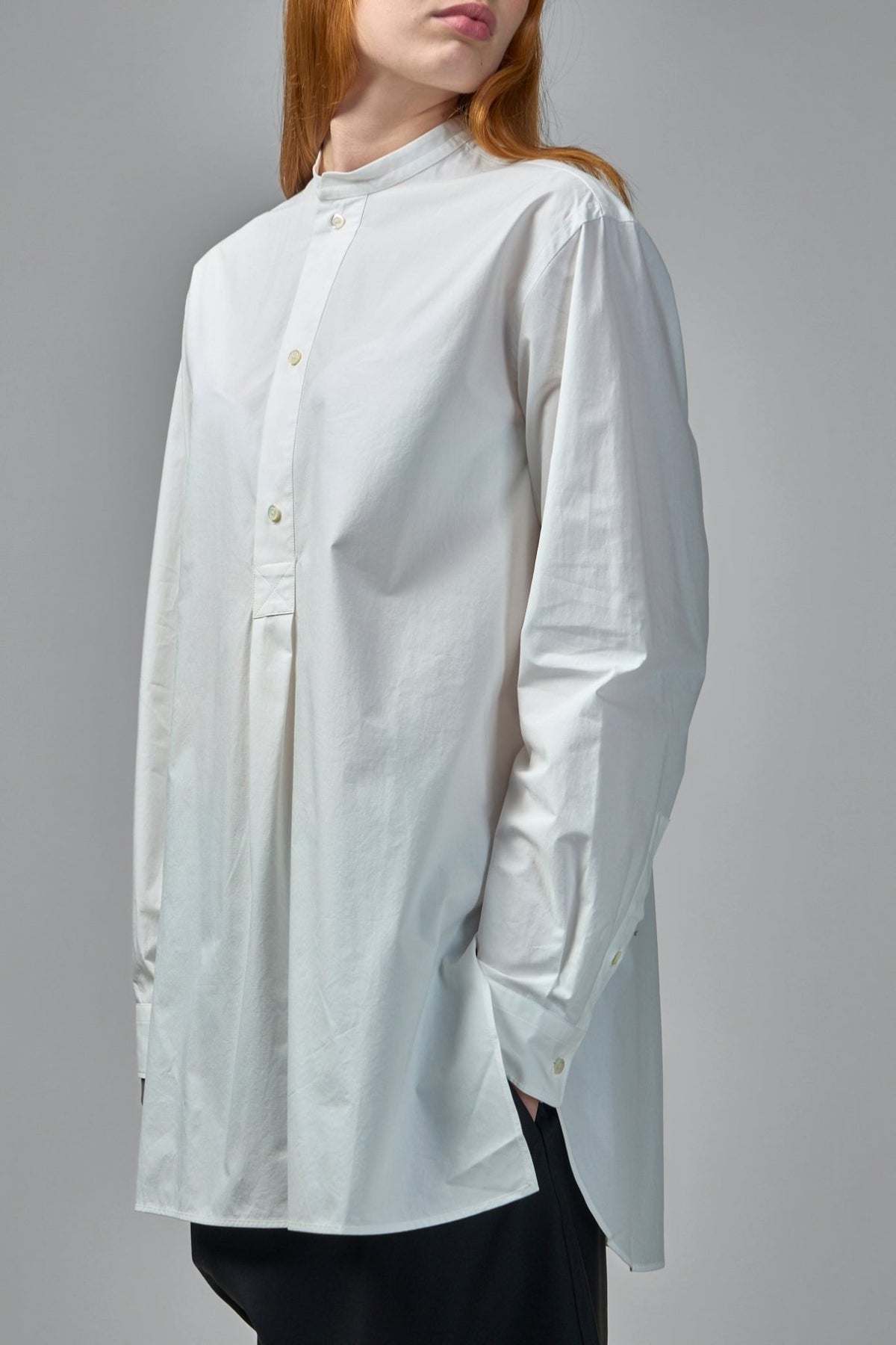 Model wearing Sofie D'Hoore Baselitz shirt styled for contemporary look