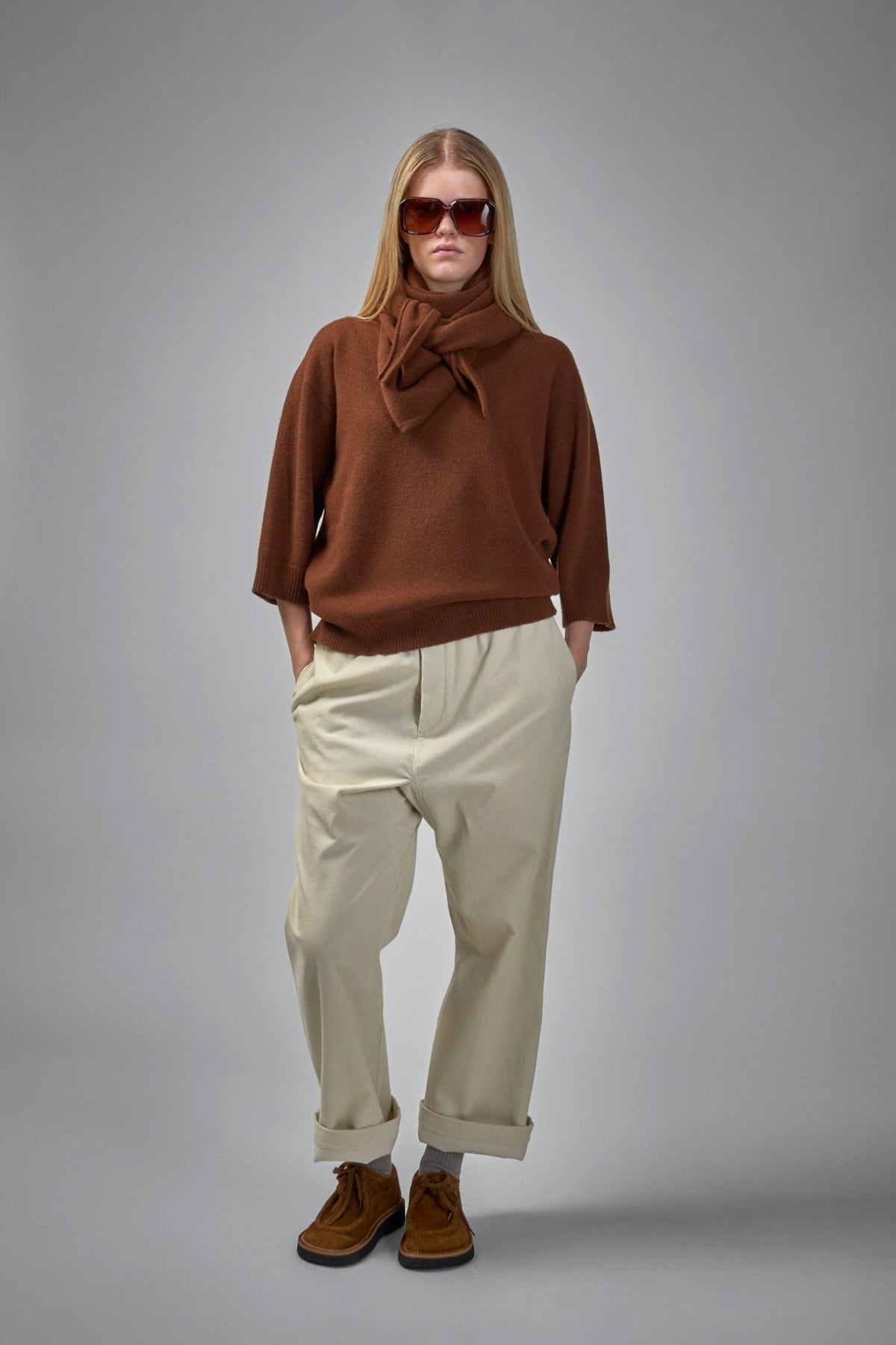Model wearing Pinot relaxed cotton pants showing wide-leg silhouette